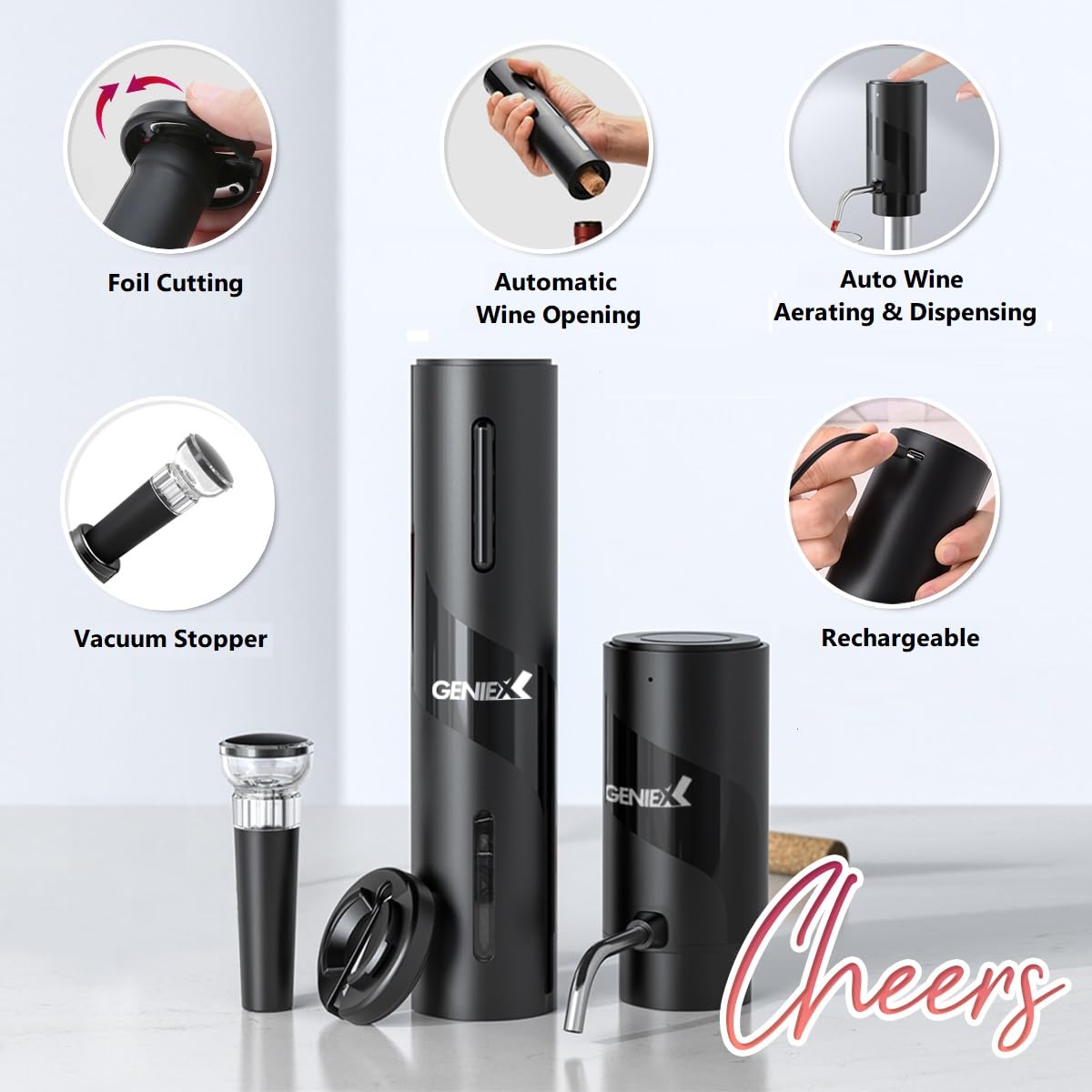 Electric Wine Set 4 | Automatic Wine Opener Dispenser Gift Set - Electric Corkscrew Opener & Auto Wine Dispenser | Ideal Housewarming Gifts and Cool Wine Gift (Black)