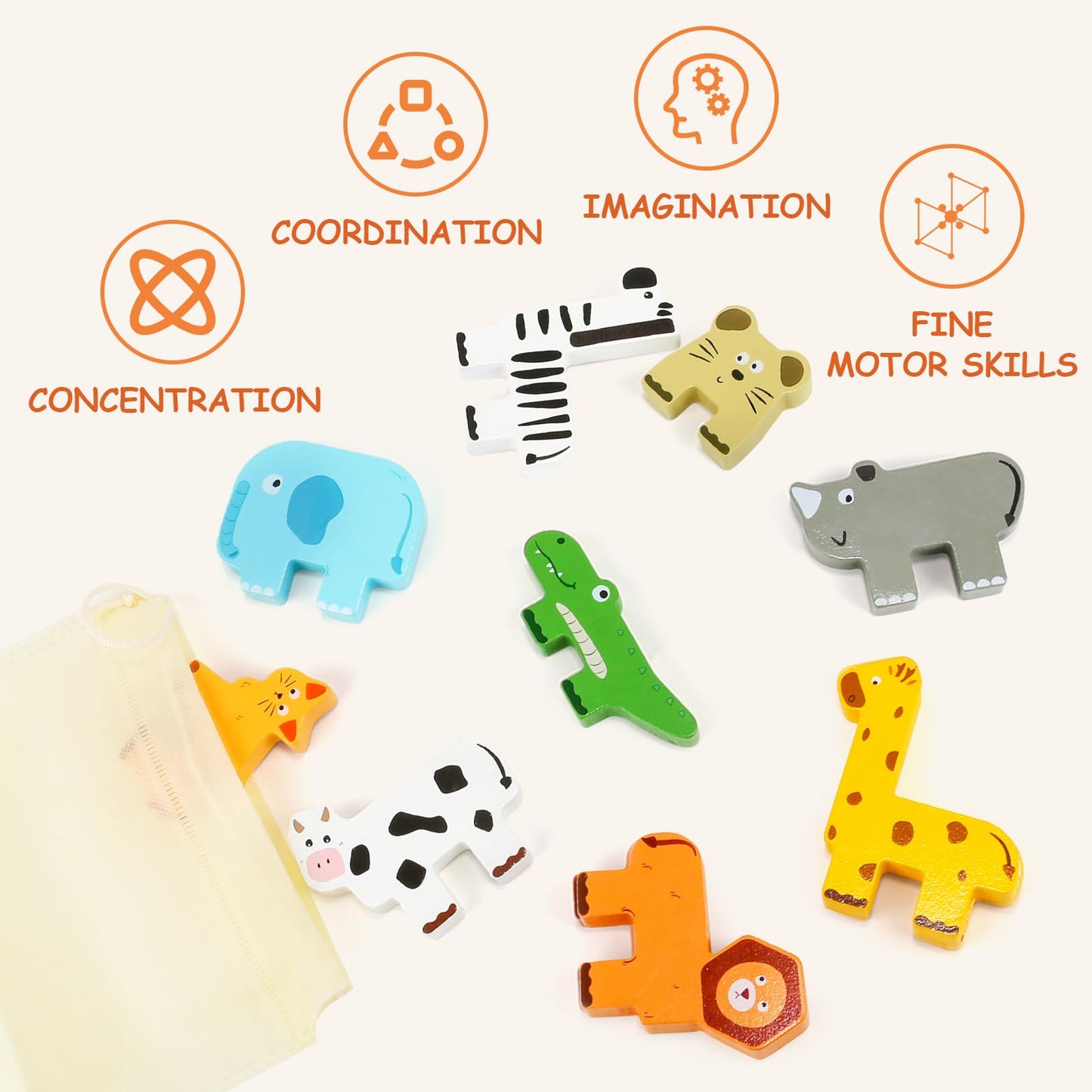 JugueteLand Wooden Animal Stacking Puzzle Toy, Educational Balancing Activity Toy for Kids, Wooden Zoo Animal Building Blocks Stacker & Bag, Stacking and Balance Toys for Toddlers 2-4 Years