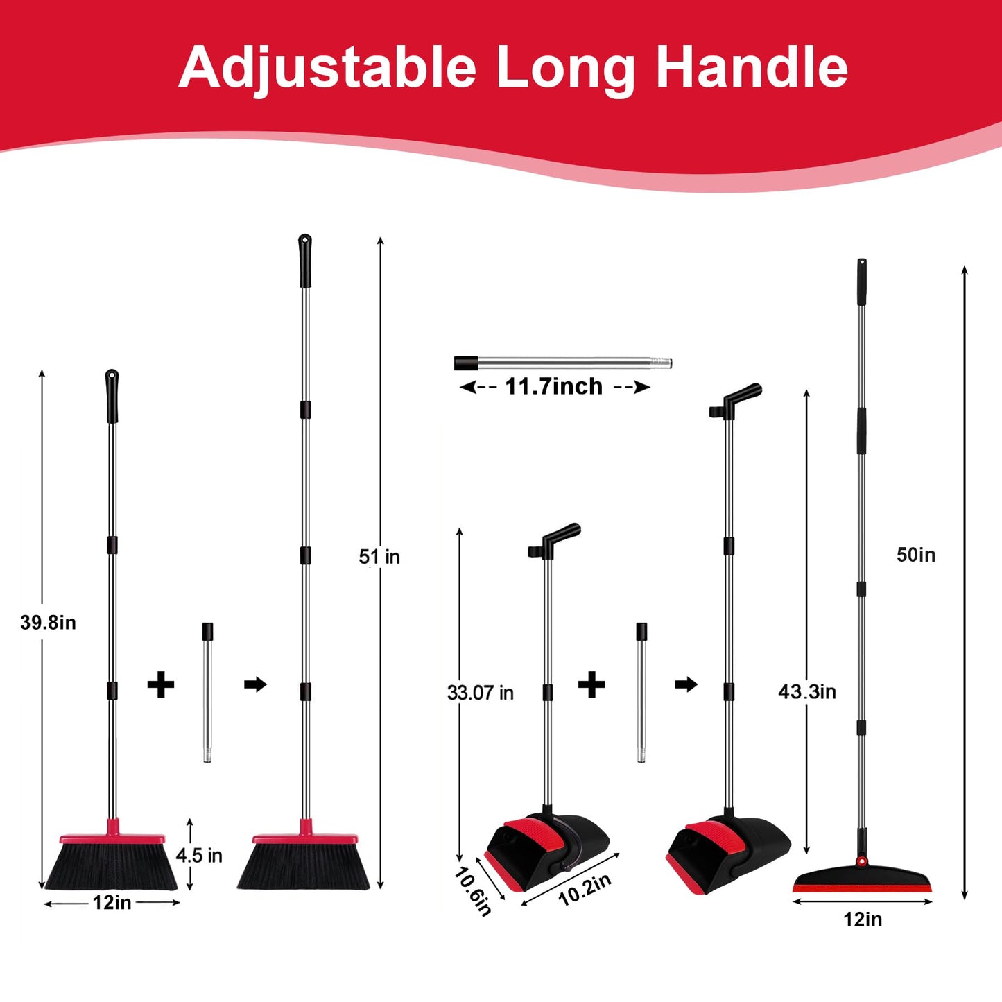 UDUK Broom with Dustpan Combo Set and Silicone Air Broom Kit, 51" Long Handle Floor Squeegee, Red Household Kit for Glass Window Rugs Pet Hair Home