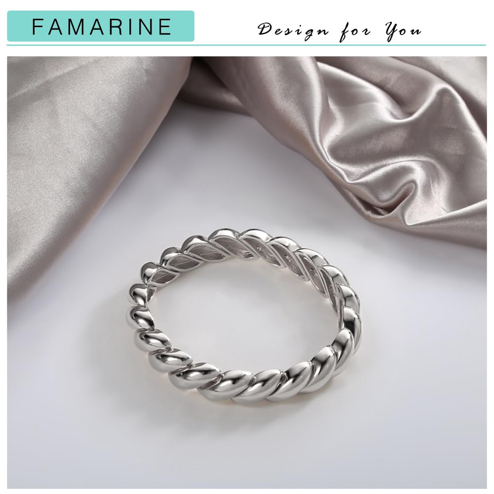 FAMARINE Silver Chunky Bracelet Twisted Bangle Bracelet for Women, Minimalist Wide Charm Bangle Bracelets