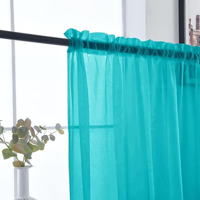 SpaceDresser Sheer Voile Window Treatment Rod Pocket Curtain Panels for Kitchen Bedroom Living Room Drapes Sunlight Filtering Privacy Semi Home Decor Assorted (Peacock Blue, 52 W x 108 L)