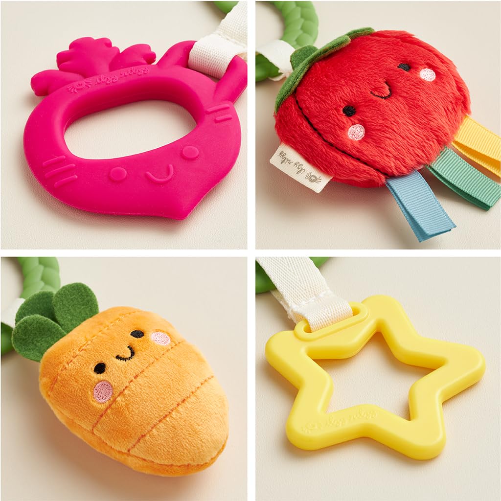 Itzy Ritzy Teething Activity Toy - Bitzy Busy Ring Infant Teething Toy Features Braided Ring & Dangling Toys, Includes Teether, Ribbons, Crinkle Sound & Jingle Bell - 0 Months & Up (Veggie)