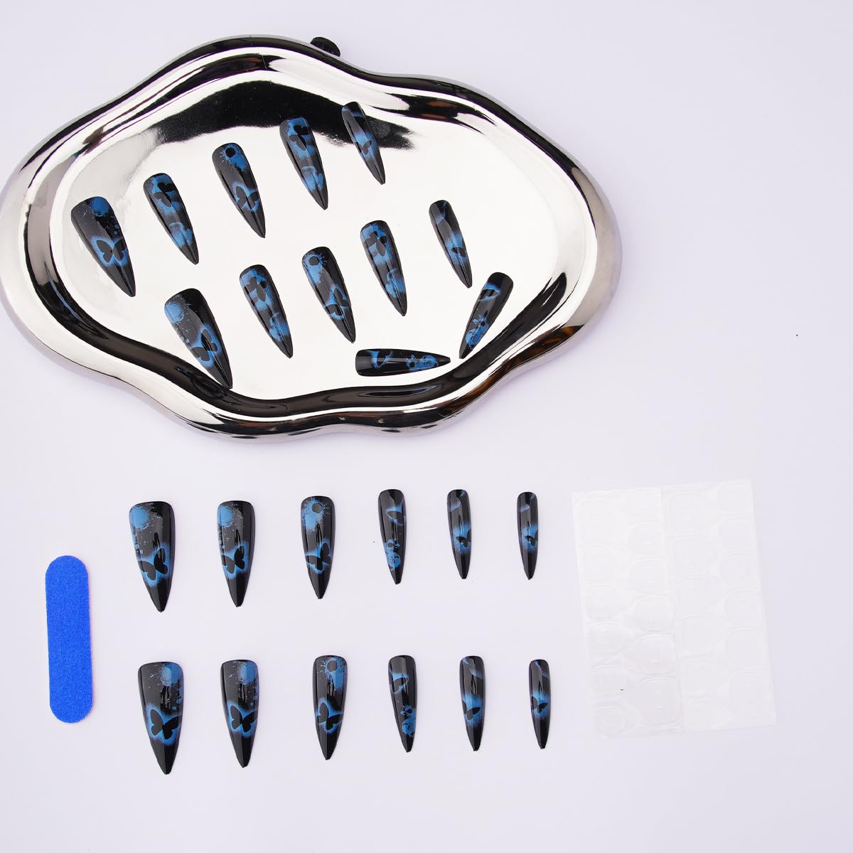 Black Press on Nails Long Stiletto Fake Nails with Design Butterfly Glue on Nails Cute False Nails Full Cover Reusable Artificial Acrylic Stick on Nail for Women Manicure 24Pcs