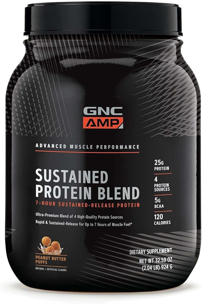 GNC AMP Sustained Protein Blend | Targeted Muscle Building and Exercise Formula | 4 Protein Sources with Rapid & Sustained Release | Gluten Free | Peanut Butter Puffs | 28 Servings