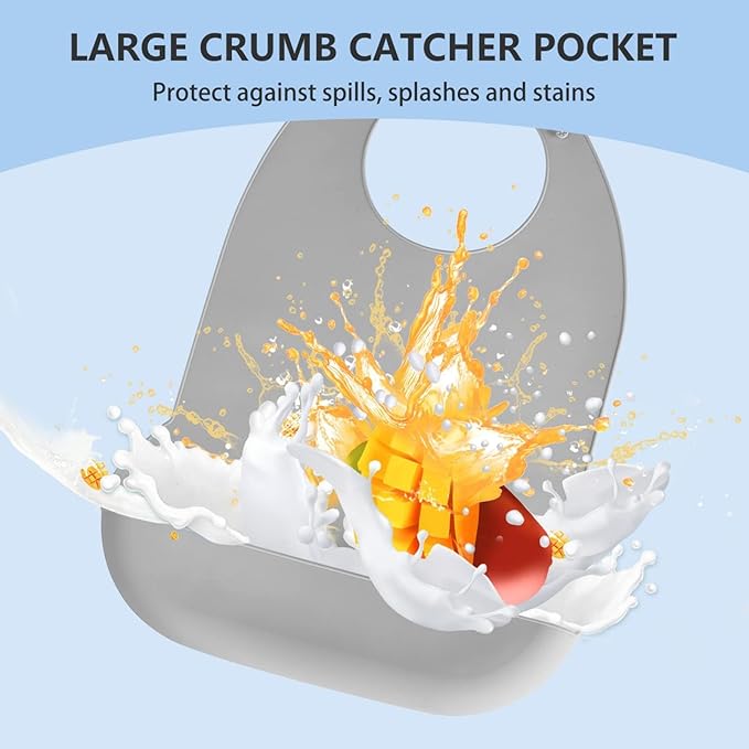 Adult Bibs for Eating - Silicone Bibs for Men, Women Elderly - Washable Adult Bib with Crumb Catcher (Gray)