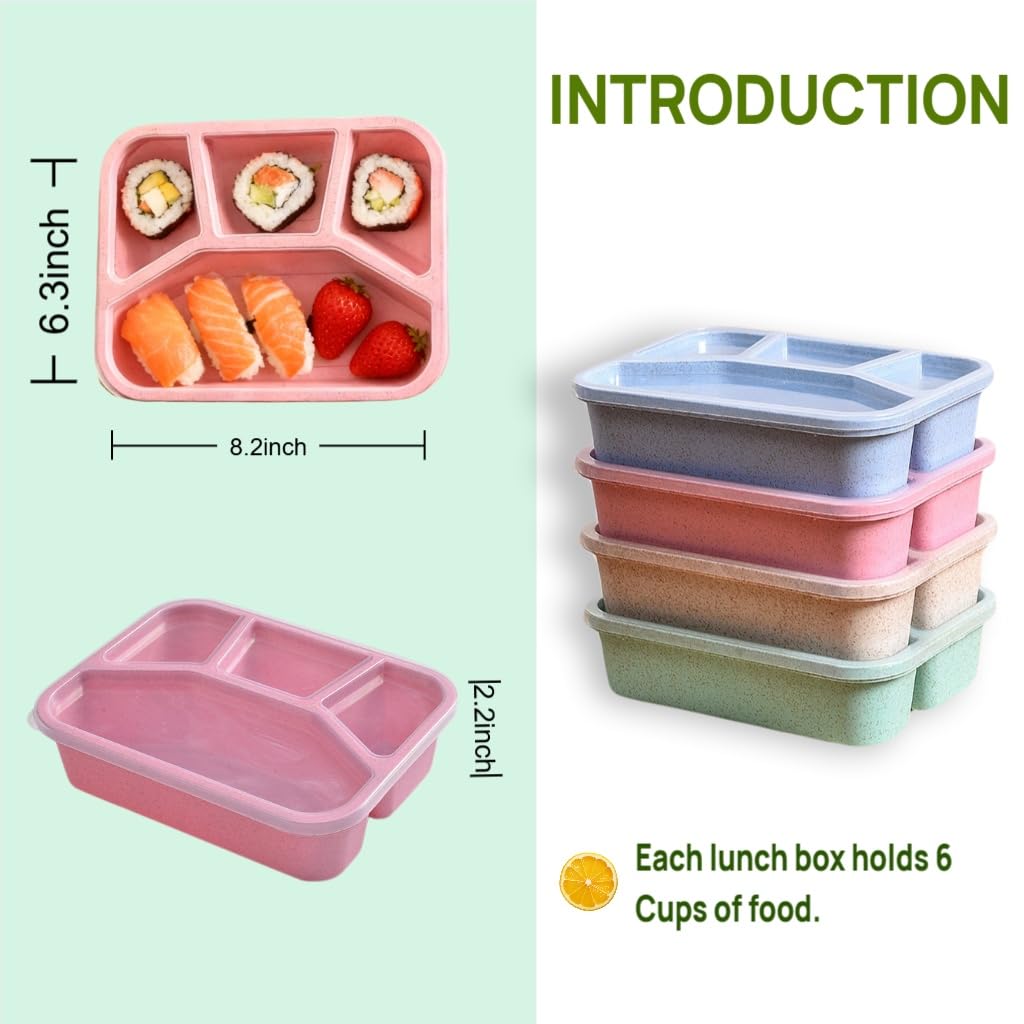 Bento Lunch Box 4-Compartment for Adults 4 Pack – Reusable Meal Prep & Snack Containers with Clear Lids, Stackable Food Storage Boxes Wheat Straw, lightweight for Work, Travel