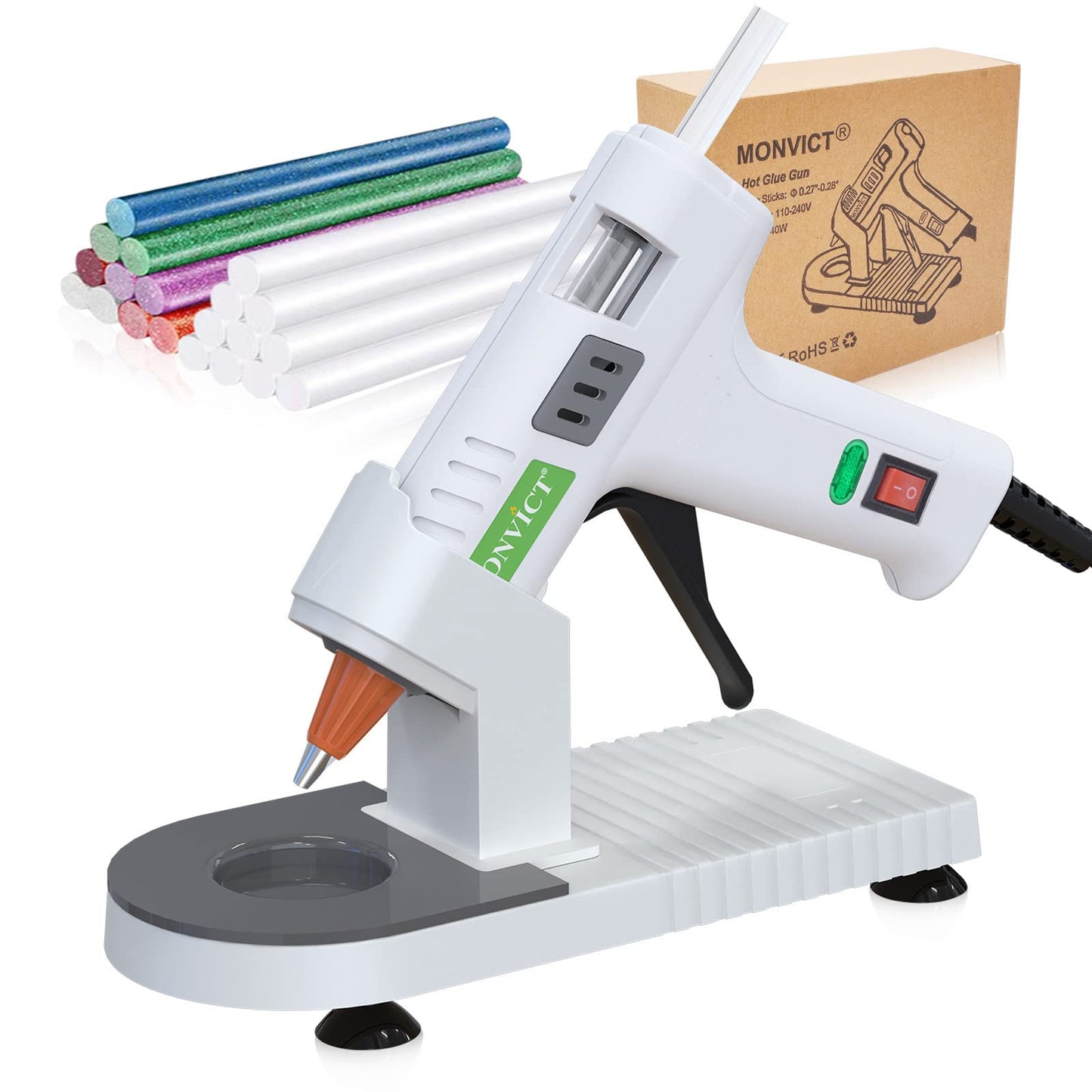 MONVICT MC-808 Hot Glue Gun Kit with Pack of 230 Mini Hot Glue Sticks, Suction Cups Stand & Anti Stick Silicone Mat, On/Off Switch Design for DIY, Crafts, Home School Project…