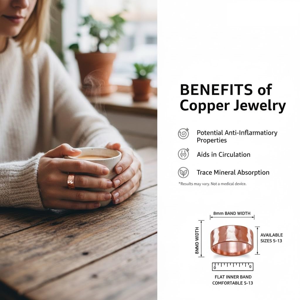 JewelryWeb 8mm Solid Copper Hammered Ring Size 10 Band Style-Ring for Women