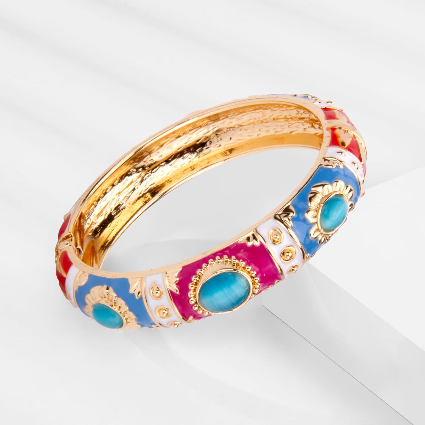 UJOY Vintage Cloisonne Jewelry Bracelet Plated Handmade Bead Rhinestones Enamel Spring Cuff Bangles 2 Pcs Set for Womens Gift 7735-55A35 Pink White