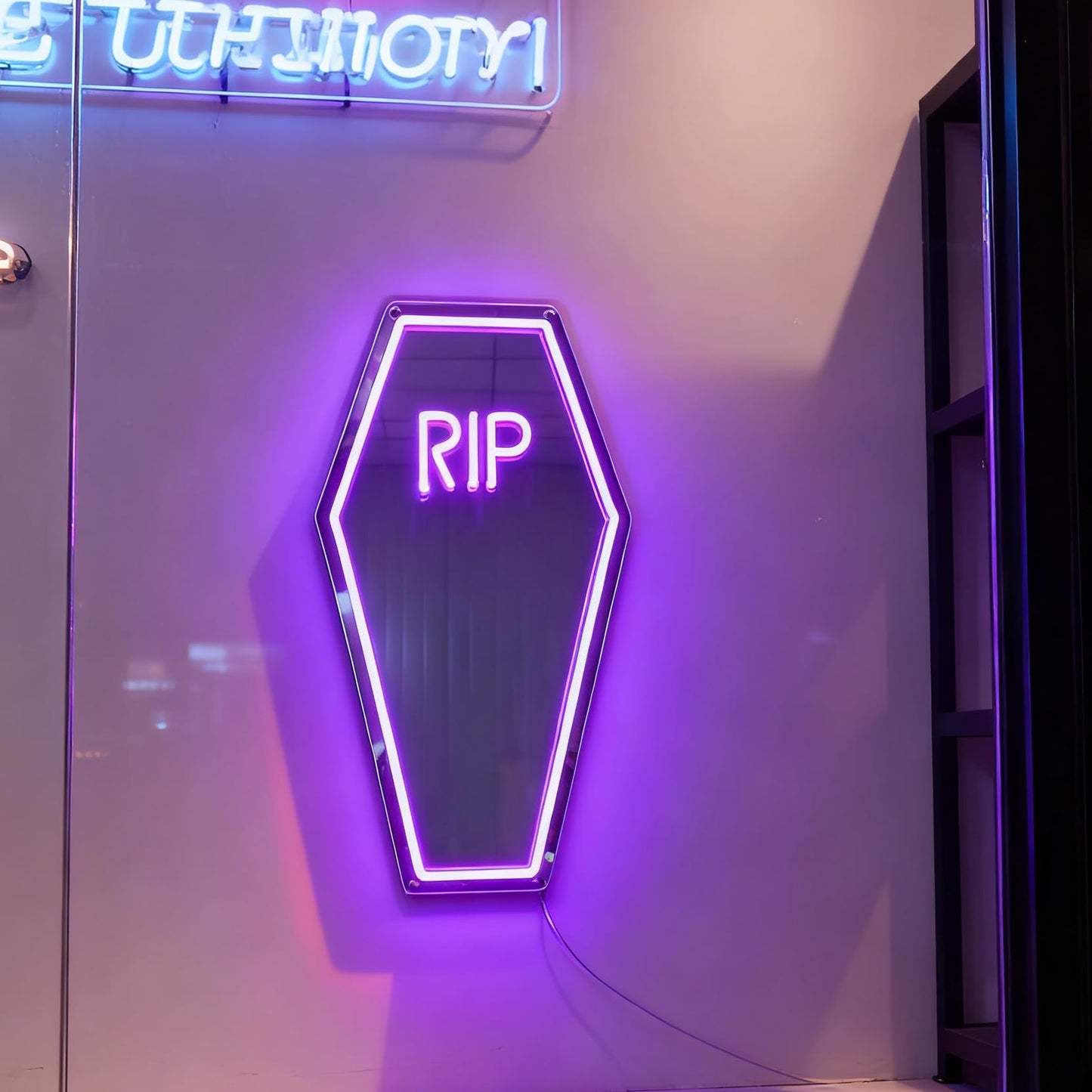Coffin Shape RIP Neon Sign, USB Powered Dimmable Decorative Neon Light for Haunted House Gothic Spooky Theme Wall Table Decor Horror Party Gifts 19.9 x 12.2 In
