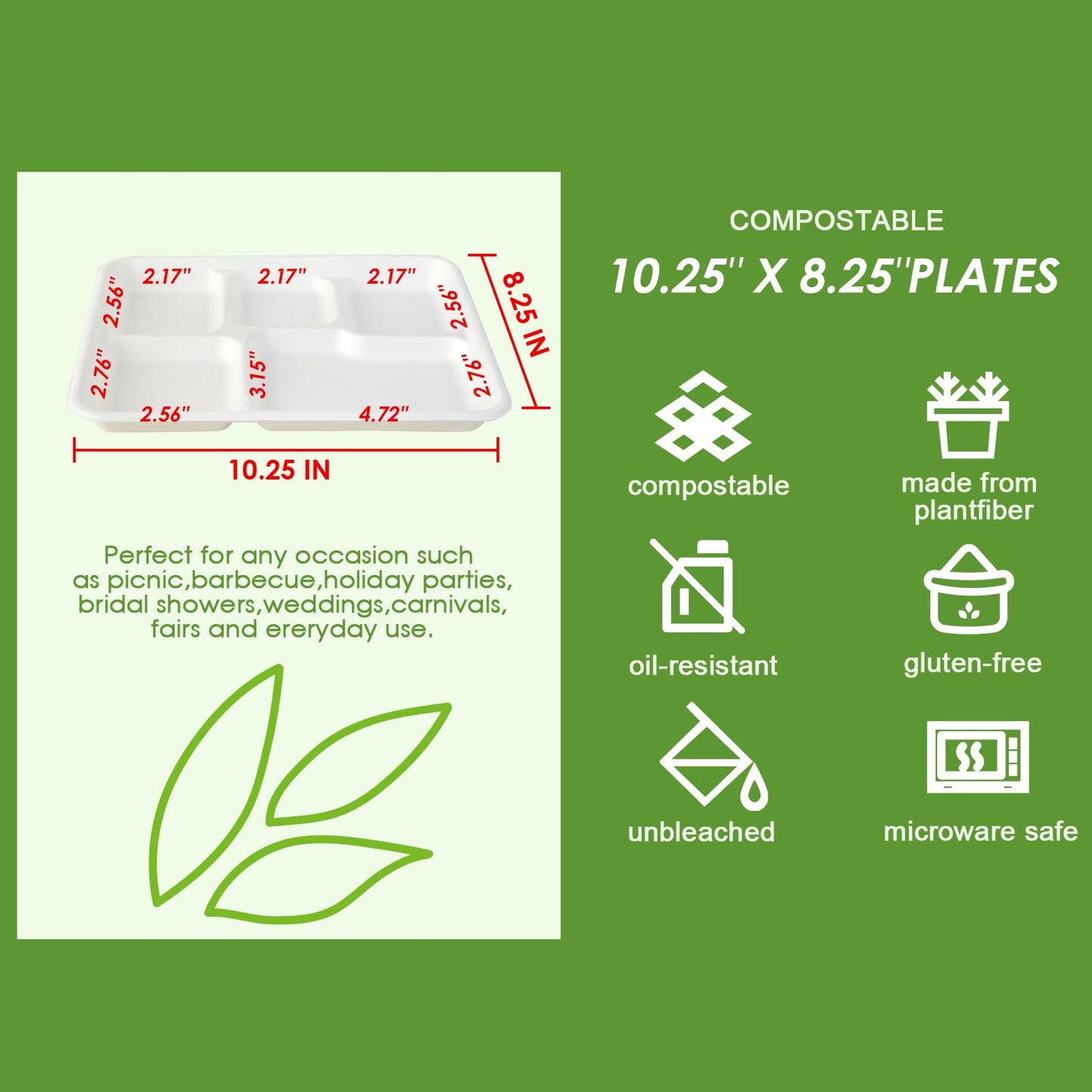 Vplus 100% Compostable Small 5 Compartment Plates 125 Pack 10.25 x 8.25 inch Disposable Sugarcane Bagasse Tray Perfect for Boys and Girls
