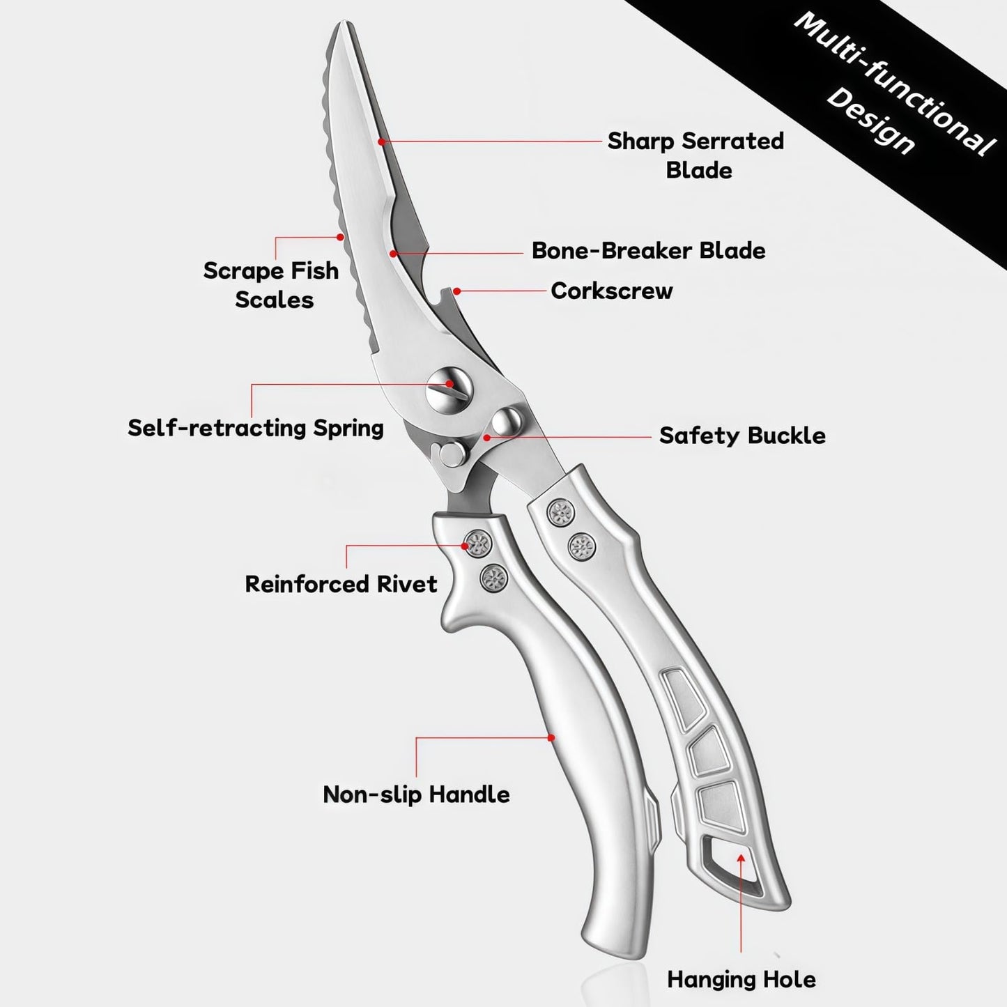 Multi-Function Kitchen Scissors, Heavy Duty Stainless Steel, 10.2 Inch, with Bottle Opener, Fish Scaler, Bone Breaker (Silver)