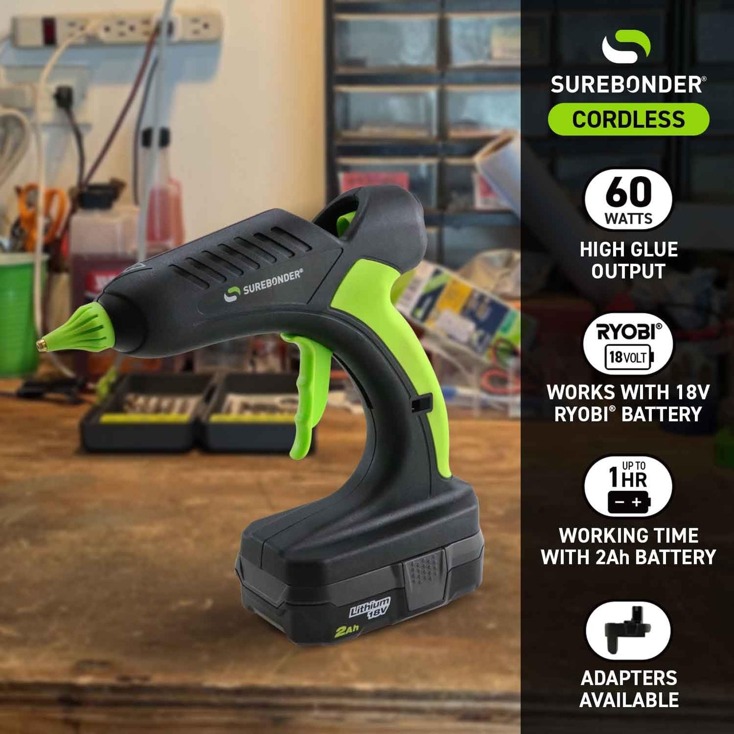Surebonder 18V Ryobi Battery Powered Fully Cordless Hot Glue Gun, Professional, Full Size for DIY, Crafting, Repairs, 60 Watt, Battery and Charger NOT Included - Tool Only