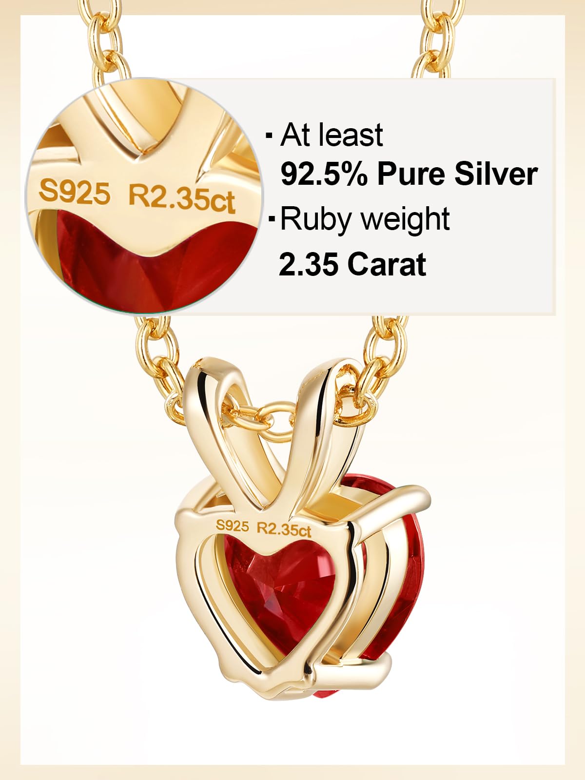CYW 1 Carat Red Ruby Small Gold Heart Necklace for Women 925 Sterling Silver Solitaire Pendant Necklace