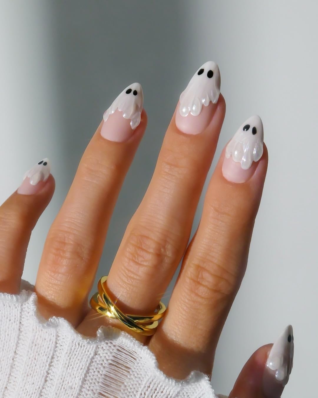 Halloween Press on Nails Handmade White Little Ghost French Tip Fake Nails with Designs Medium Almond False Nails Cute Spooky Halloween Thicked Stick on Nails for Women Holiday Nail DIY Decor (Size M)