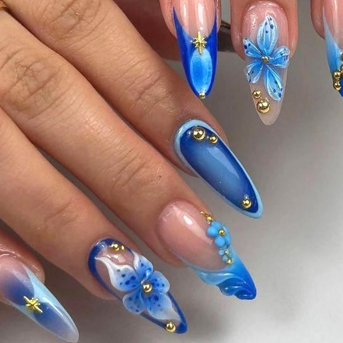 Blue Flower Press on Nails Medium Almond Handmade Fake Nails with Gold Pearl Star Design Gilding Full Cover Artificial Glue on Nails Spring Summer Stick on Nails Reusable False Nails for Women 10Pcs