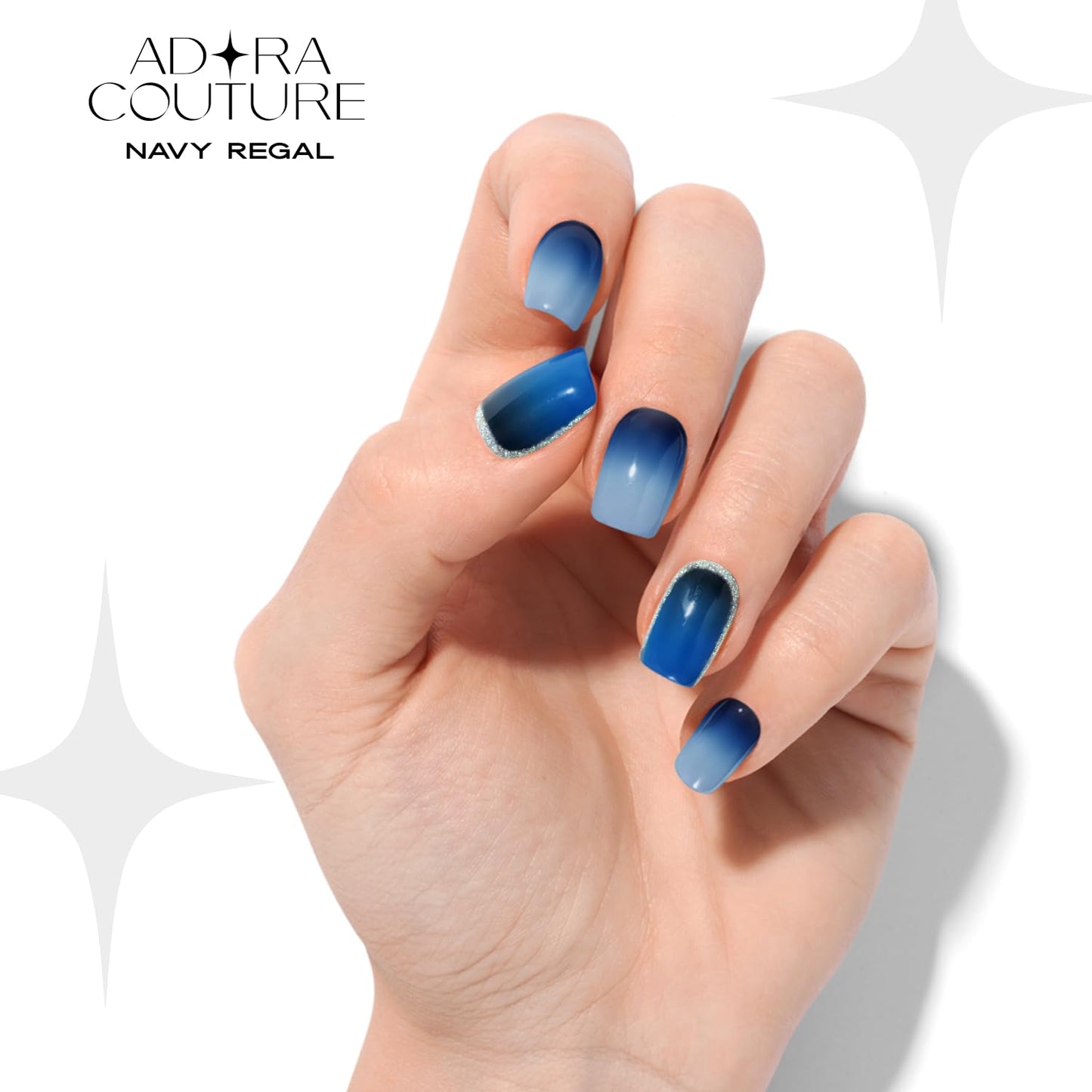 Adora Couture Semi-Cured Gel Nail Strips - 30 Salon-Quality Stickers with UV Light Required, Long Lasting, Easy Application & Removal, Includes Prep Pads, Nail File, Wooden Stick (Blue Regal)