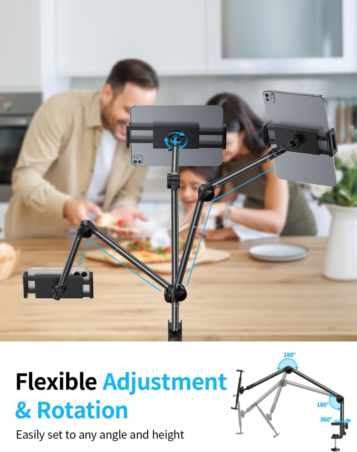 OMOTON Tablet Stand Mount for Desk, Adjustable Phone Holder for Bed with Metal Arm Fits for 4.7-11 Inches iPad Pro, Air/Mini, Kindle and Phones
