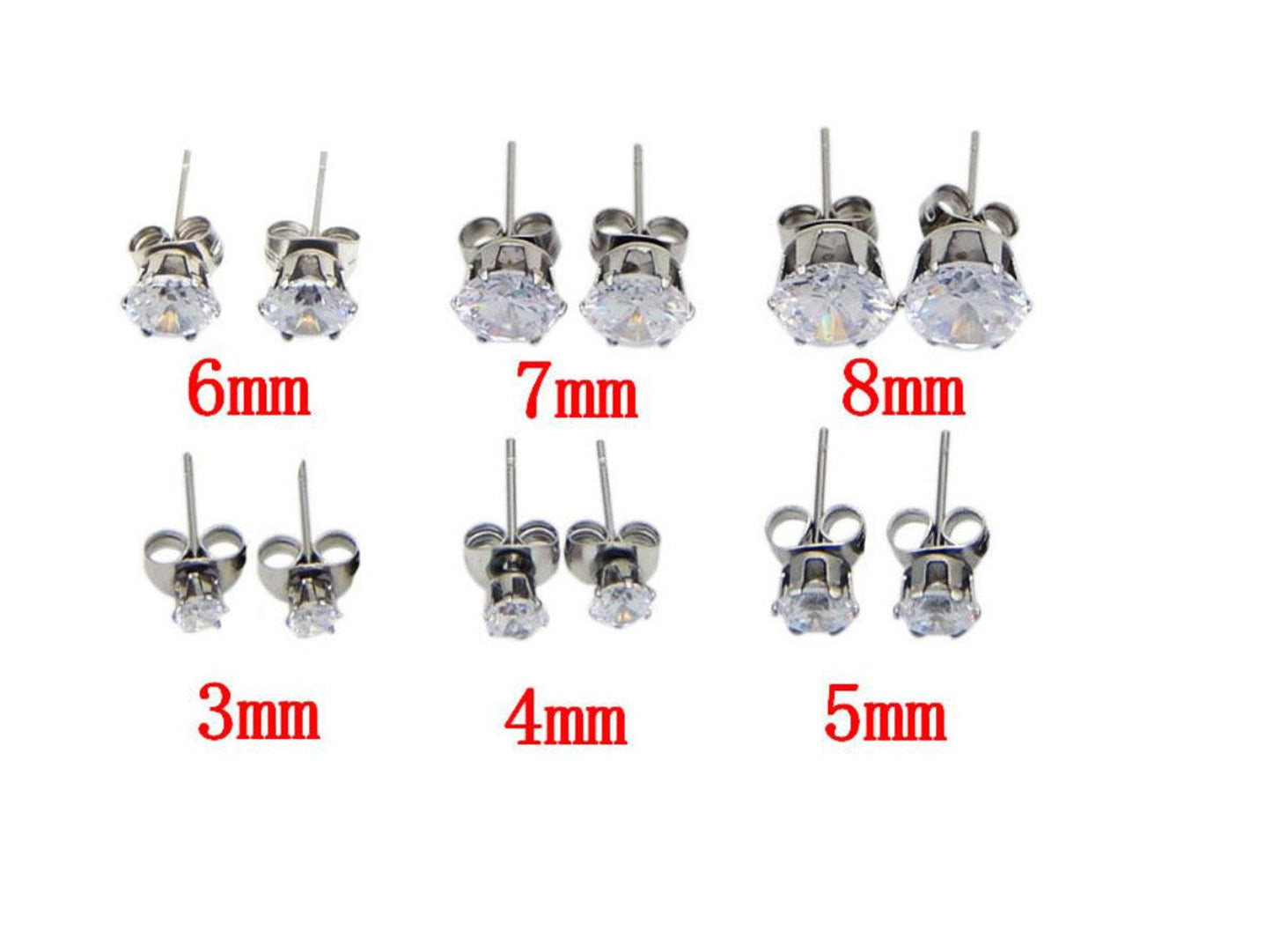 Stainless Steel Stud Earrings Hypoallergenic Cubic Zirconia (6Pairs) (Silver)