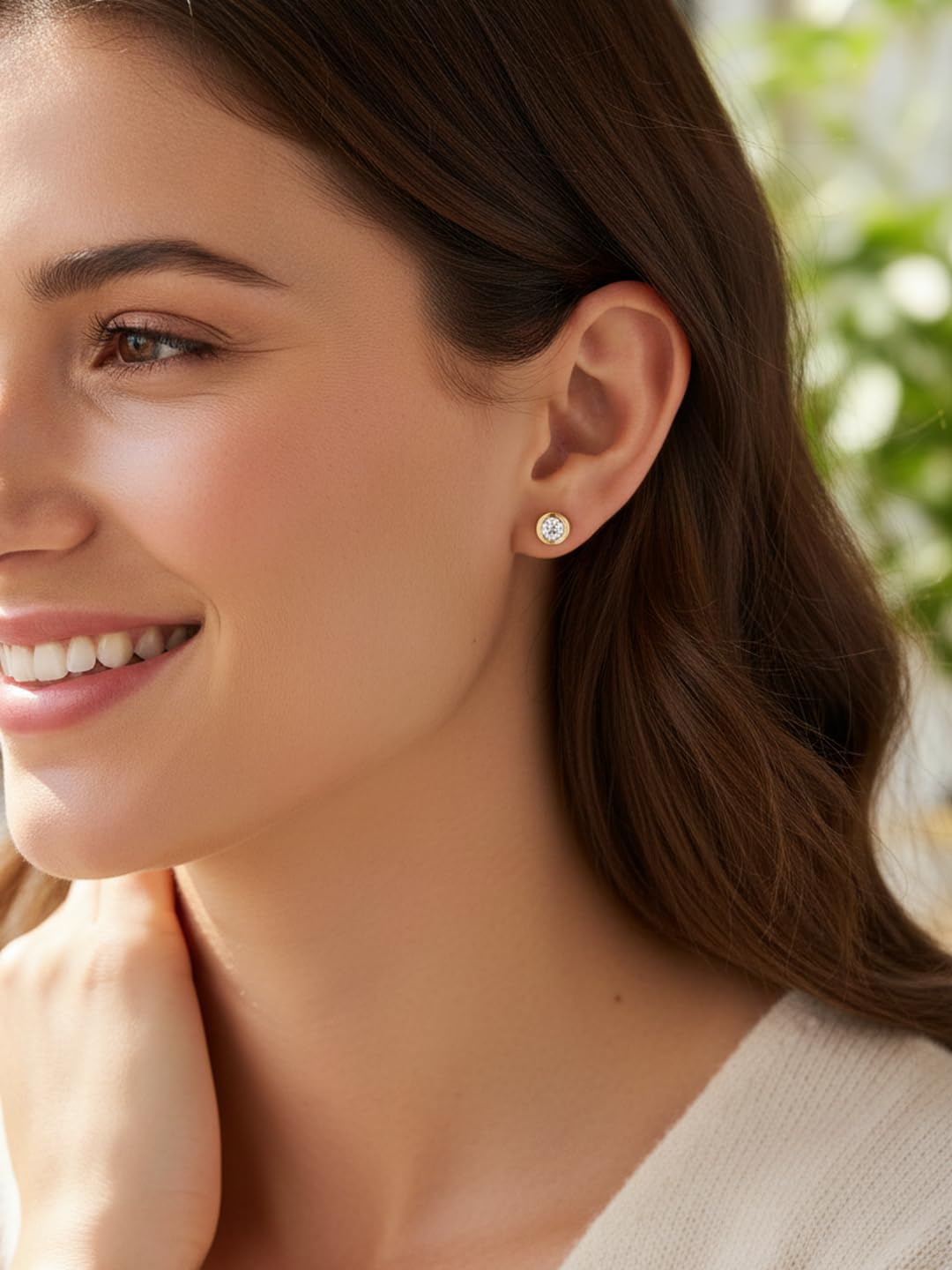 Hypoallergenic Silver Studs Gold Plated Bezel Earrings for Women Comfy Round Zirconia Earrings