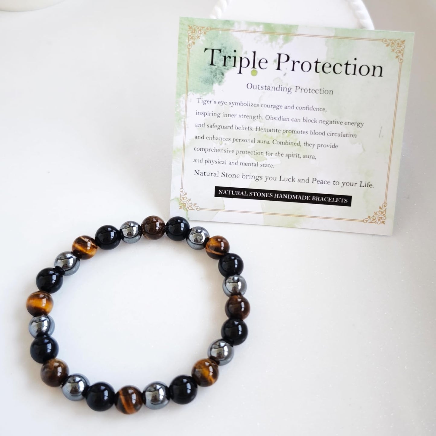 Handmade Natural Gemstone Elastic Bracelet - Healing Crystal Beads Jewelry, Unisex (Triple Protection, 8mm)