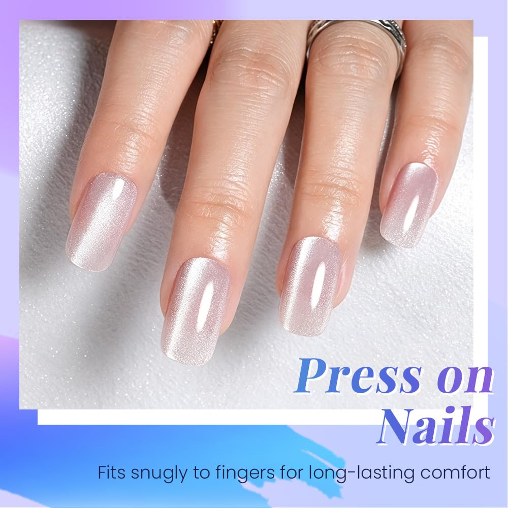 evpct Pearl Cat Eye Press on Nails Square Medium for Women, Pearl White Medium Square No Glue Stick on Nails with Cat Eye Design, Holographic Glossy Soft Nail, Reusable Press on Acrylic Fake Nail
