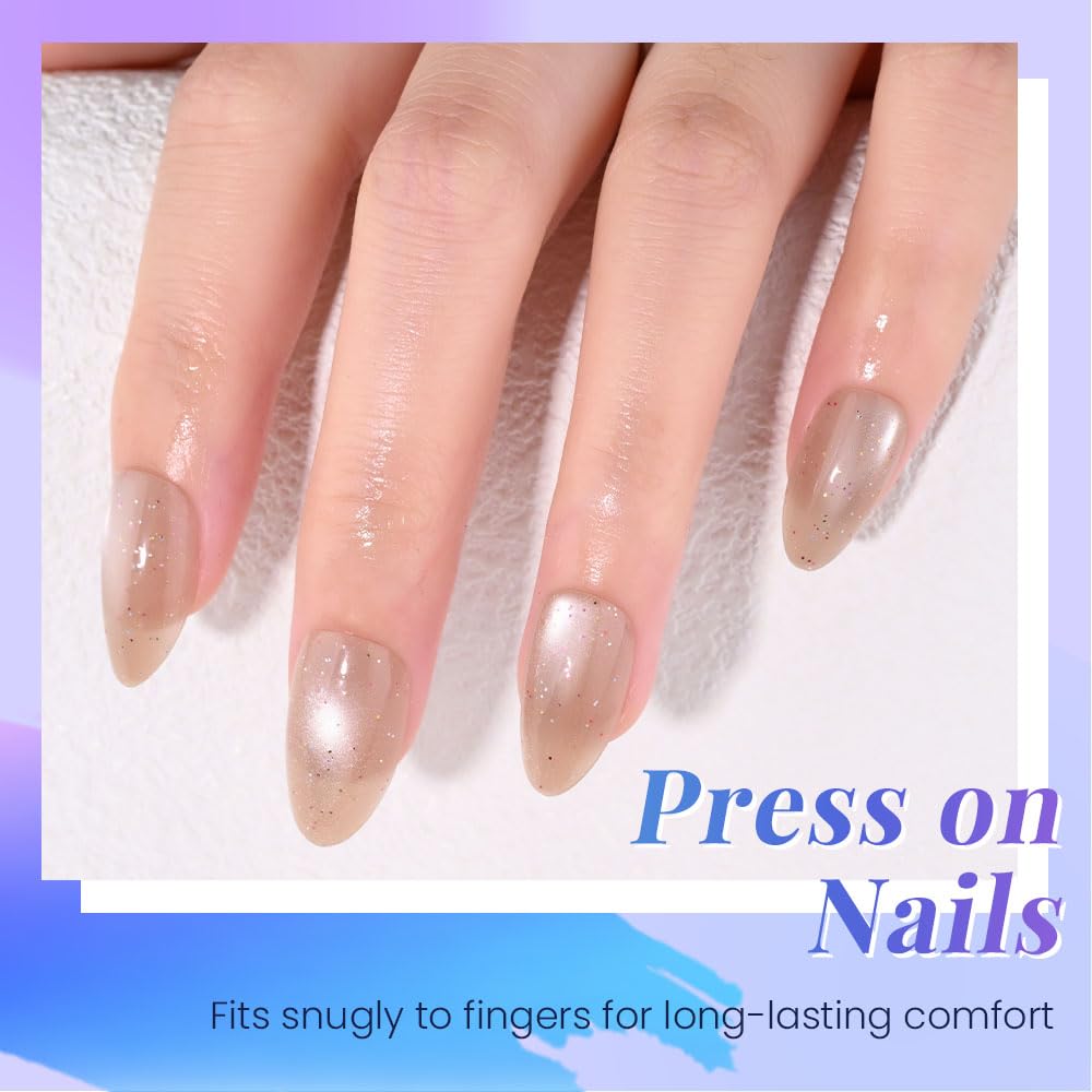 XZMeiLun Light Brown Press On Nails Short Oval Cute Shimmer Acrylic Fake Nails, Jelly Glossy Full Cover Glue on Nail For Reusable Fall Artificial Stick on Nails for Salon Quality Nail Women 24 Pcs