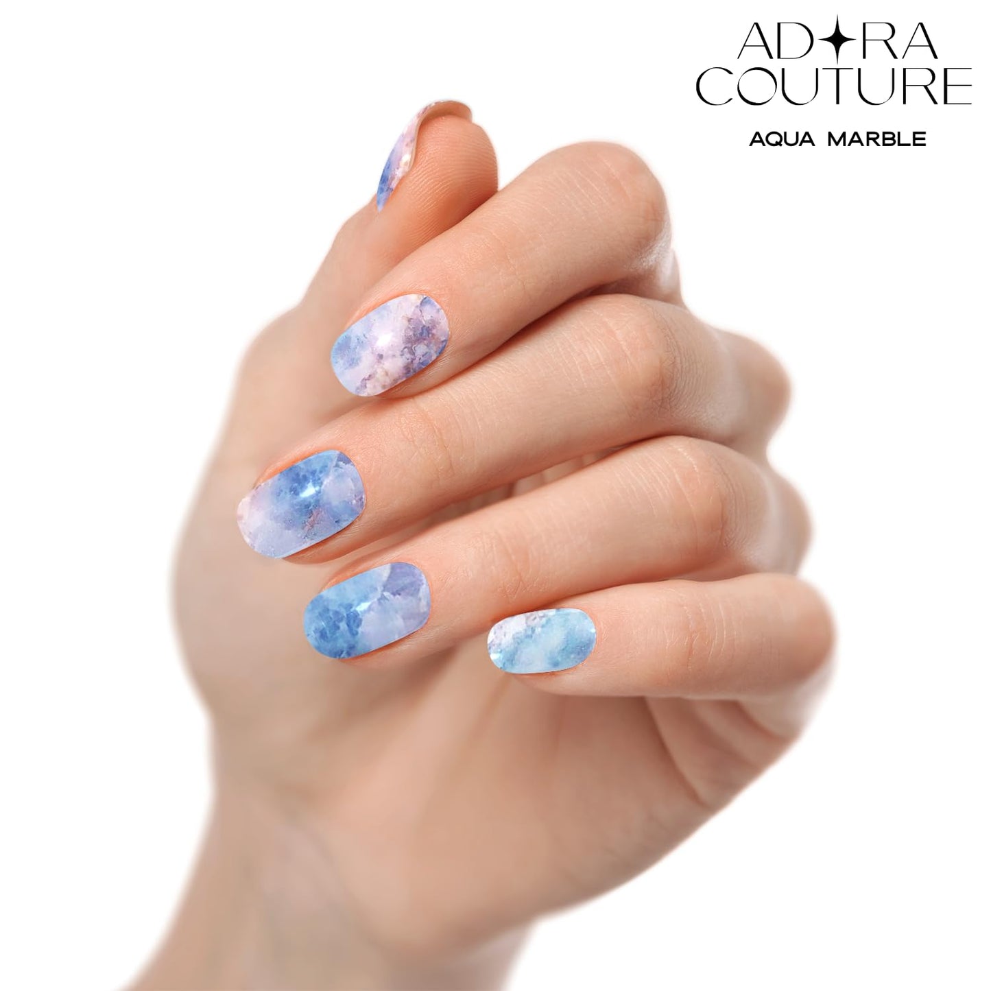 Adora Couture Semi Cured Gel Nail Strips with 20 Pieces - UV Gel Stickers, Manicure Kit, Easy Application Wraps Includes Prep Pads, Nail File, Wooden Stick - UV Light Required (Aqua Marble)