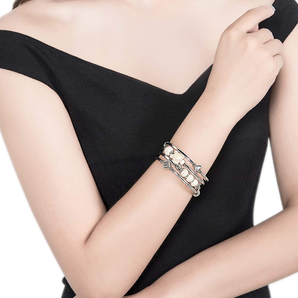 BULINLIN Layered Wrap Bangle Turquoise Bracelet - Bead Bracelet with Natural Agate Stone, Gifts For Women (17-White turtle bracelet)
