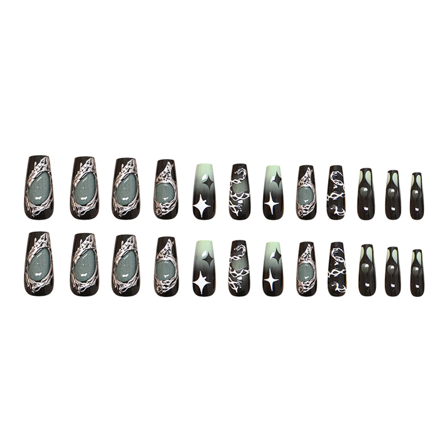 24pcs Dark Press on Nails Medium length Fake Nails Press on with Punk Cool Black Star Crocodile Pattern Dark Gradient False Nails Star Full Cover Glossy Irregular Metal Stick on Nails for Women 24Pcs