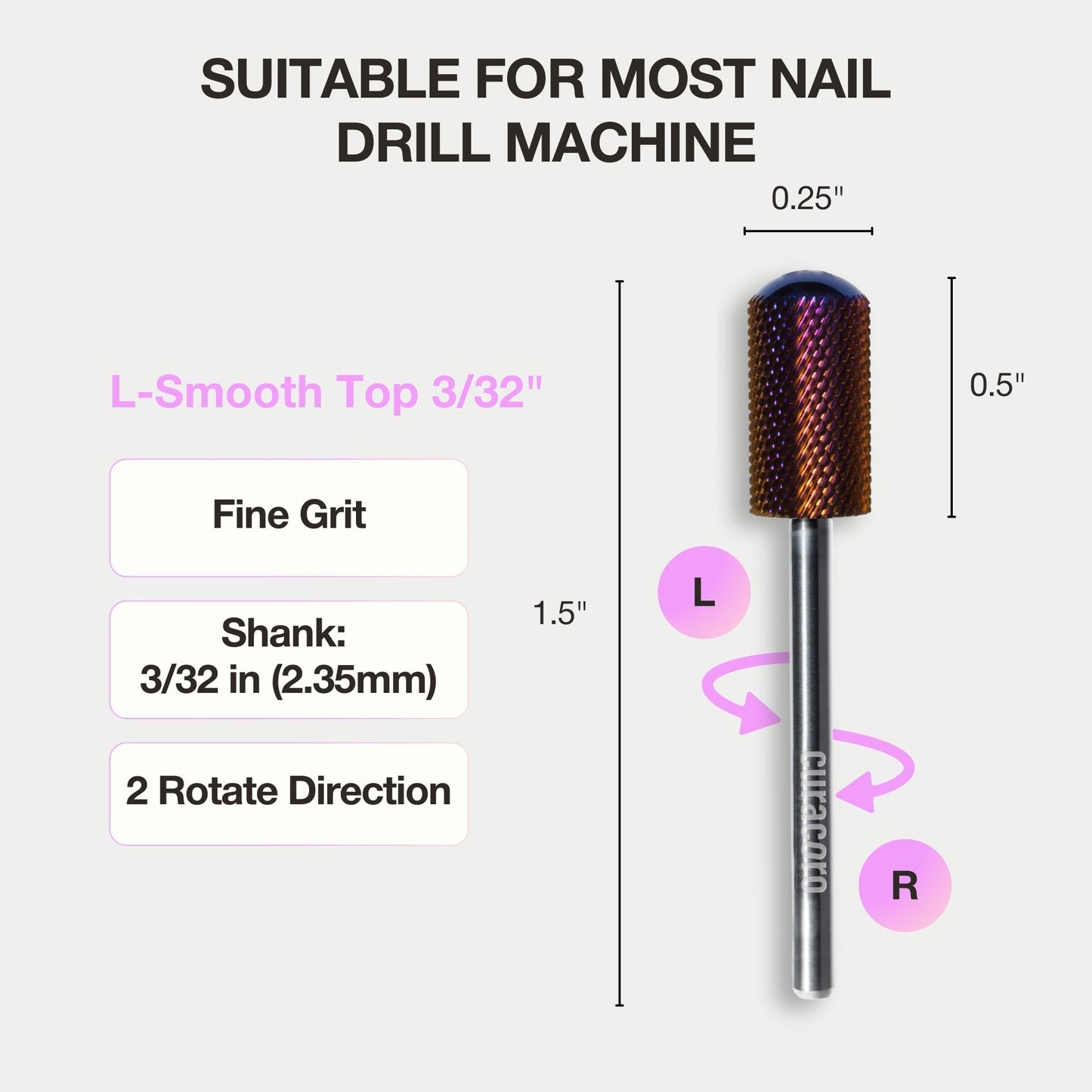 Curacoro Nail Drill Bits 3/32'' - L-Shape Smooth Stop Barrel Carbide Bit (Fine) for Professional Finish, Gently Remove, Buff & Polish Gel Nails, Nail Art Pedicure Manicure Salon & Home