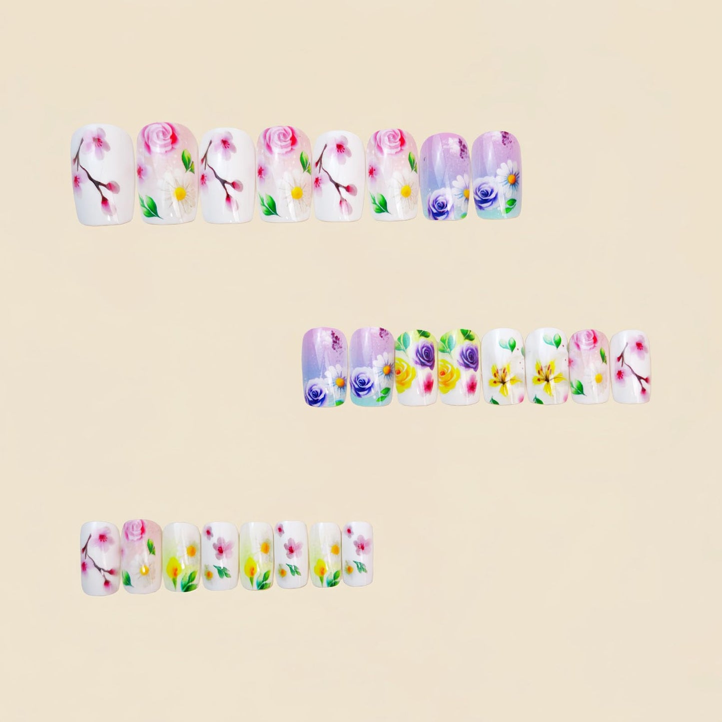 Square Press on Nails Medium Fake Nails with Purple White Yellow Pink Flower Green Leaves Designs Glossy Glue on Nails Gradient Nails Press ons Acrylic Artificial Stick on Nails for Women 24Pcs