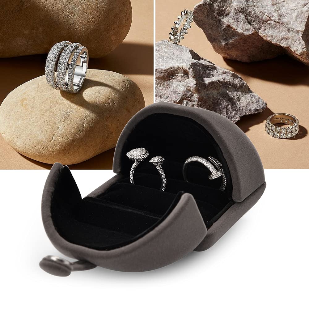 Papten 180° Open 2 Slots Velvet Ring Box Ring Holder Ring Bearer Box Wedding Day Jewelry Gift Box For Engagement Proposal Wedding (Gray)