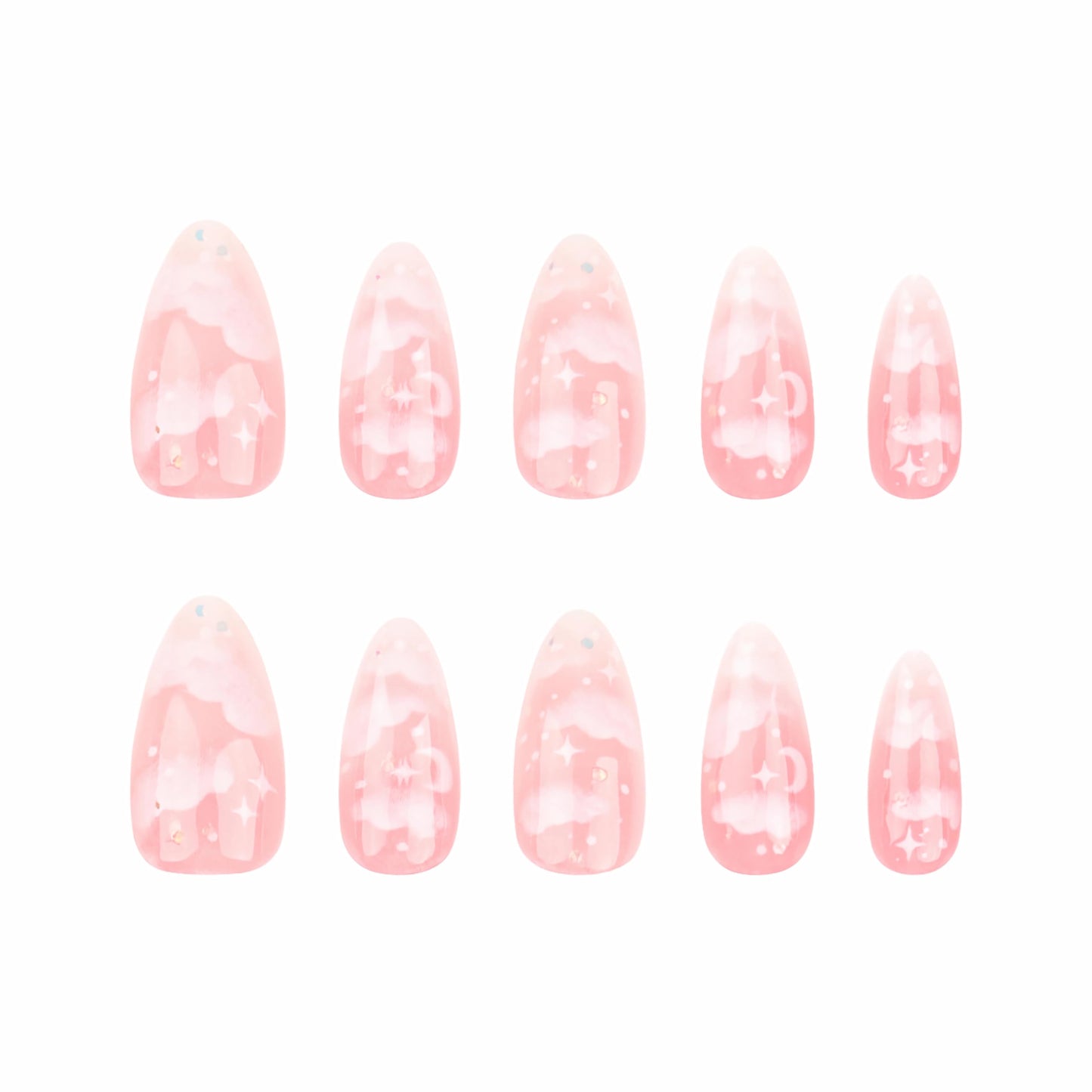 BABALAL Medium Almond Press on Nails, Pink Bling Glitter Acrylic Nails with Cute Cloud Design, 24Pcs Full Cover Glue on Nails