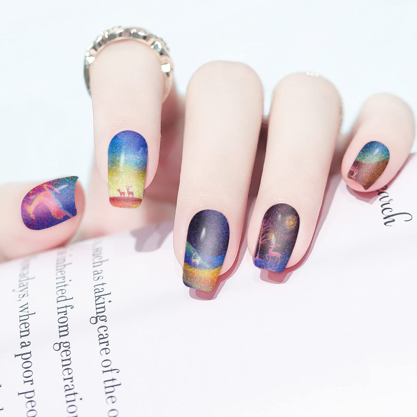 SILPECWEE 5 Sheets Rainbow Nail Wraps - Self Adhesive Nail Polish Strips for Women's Manicure Design with 1pc Nail File