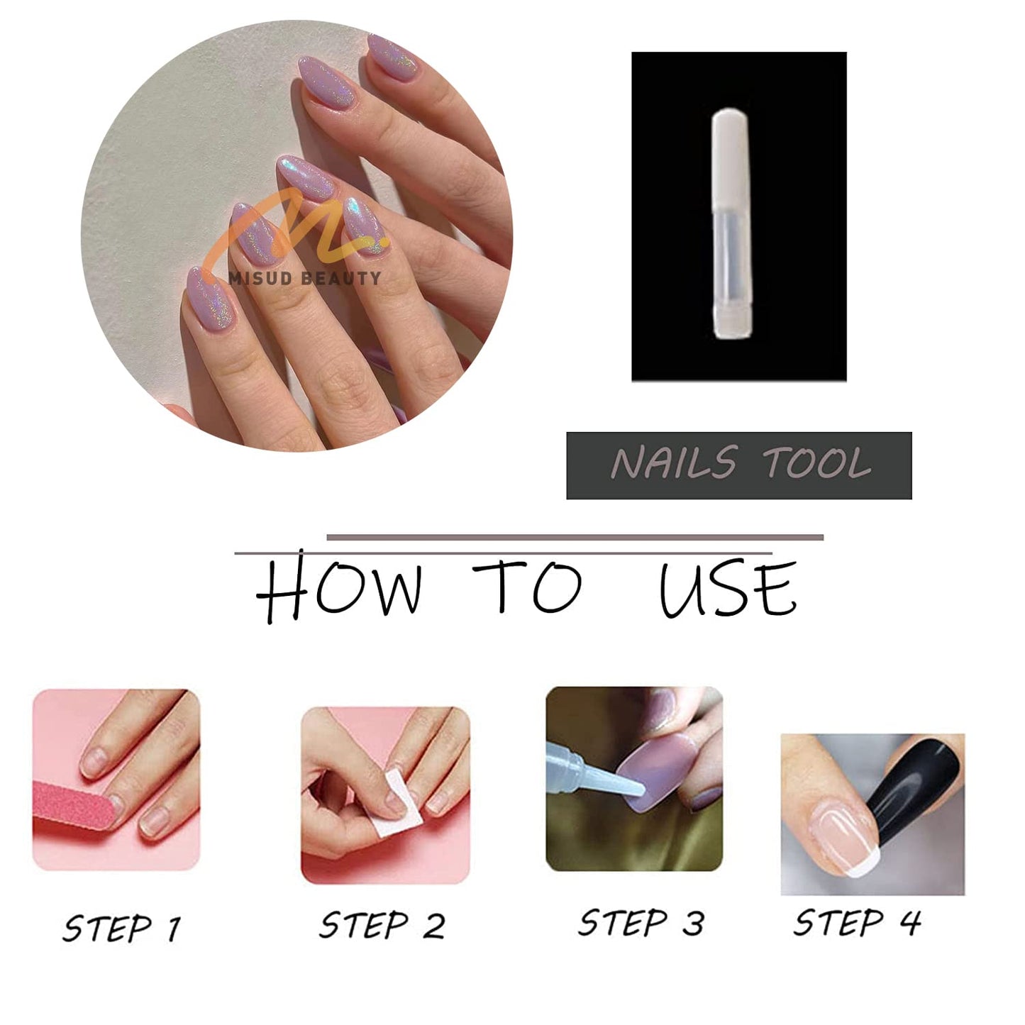 MISUD Press on Nails - Medium Almond Glue on Nails, Acrylic Purple Chrome Design 24 pcs