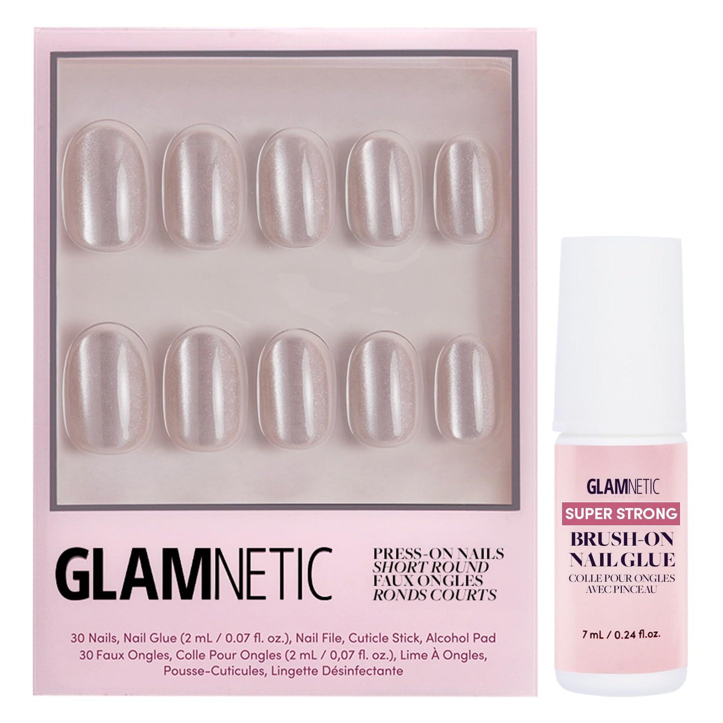 Glamnetic Press On Nails & Brush On Nail Glue Bundle - Pure Intentions | Glossy, Iridescent Short Round Nails, Reusable | 12 Sizes - 30 Nail Kit with Glue