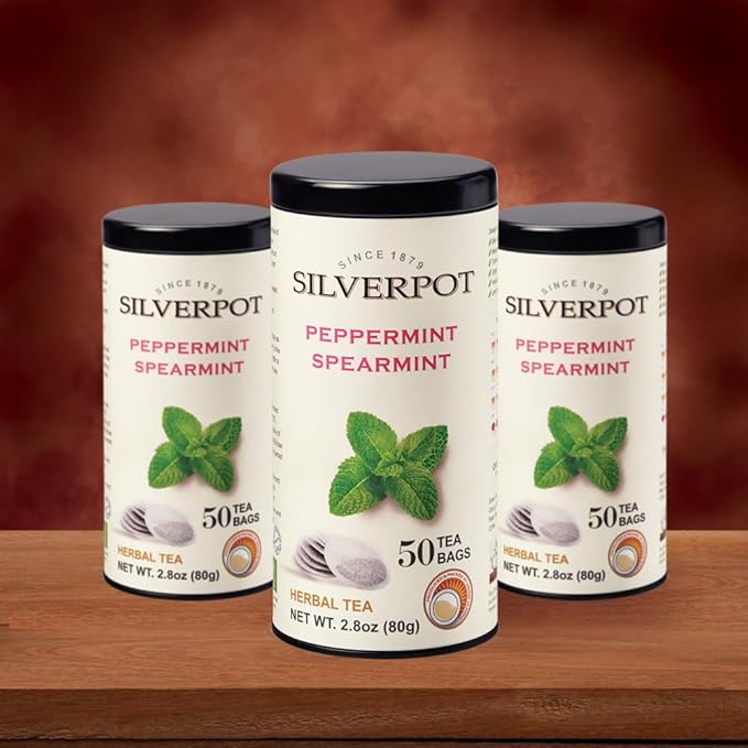 Silverpot Peppermint & Spearmint Tea Bags - 50 Round Bags | Natural, Refreshing Mint | Caffeine Free, Herbal | Reusable Tin