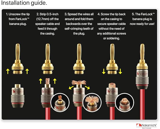 Nakamichi FanLock Excel Series 24k Gold Plated Banana Plugs 10 AWG - 18 AWG Gauge Size 4mm for Speakers Amplifier Hi-Fi Stereo Home Theatre Radio Audio Wire Cable Quick Connector, 24 Pcs (12-Pairs)