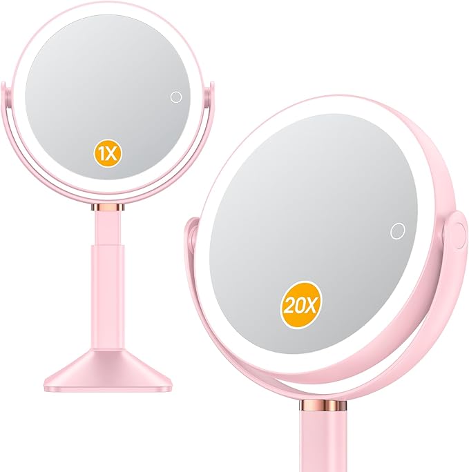 Gospire 20X Magnifying Vanity Mirror with Lights - Height Adjustable Lighted Makeup Mirror with Magnification, 4000mAh Rechargeable Battery, 3 Colored Dimmable Light for Desk Home Travel, Pink