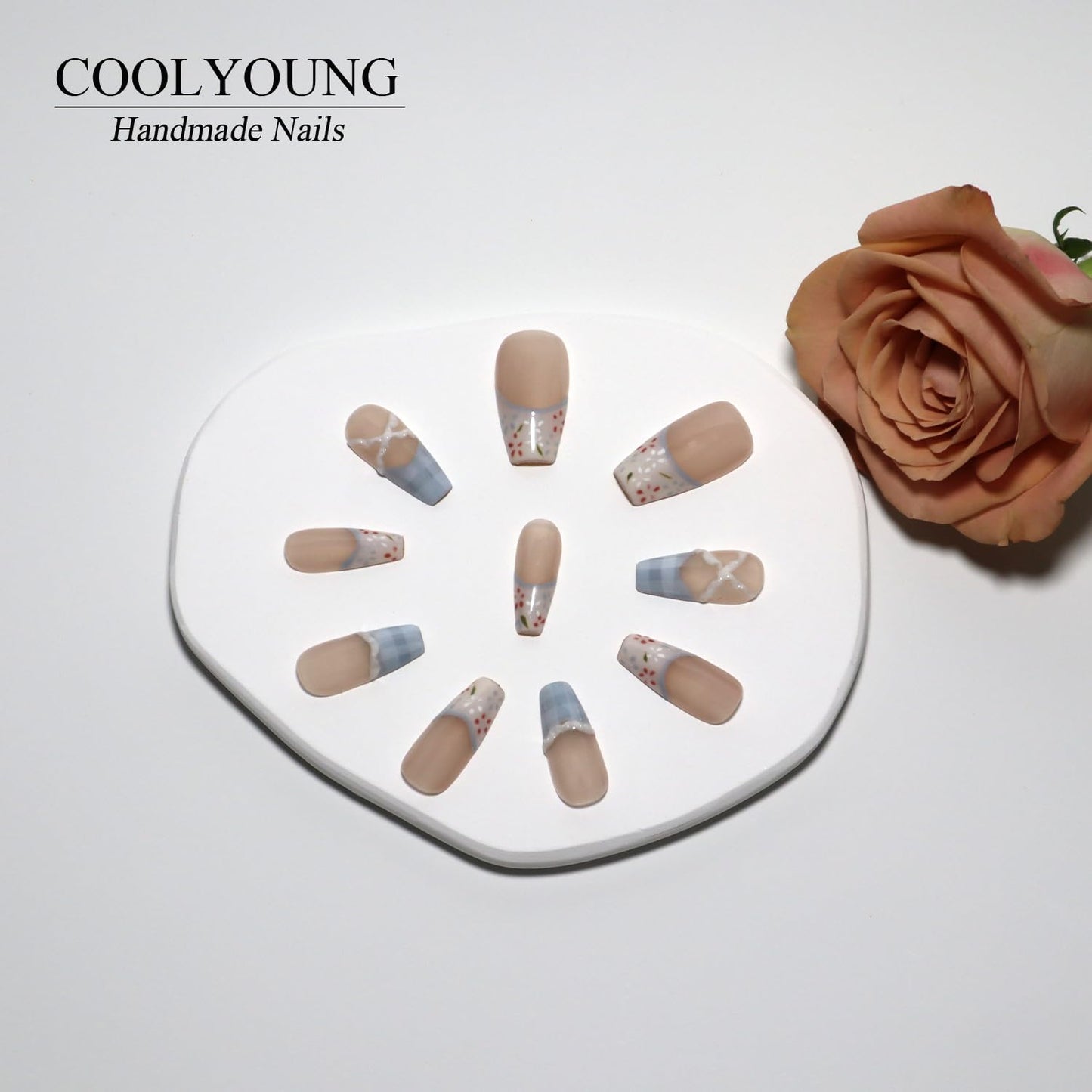 Homemade Press On Nails Fake Nails Coffin Press On Nails French Tip 3D Press On Nails Medium Nails Fake Acrylic Nails Thick Press On Nails Birthday Gifts For Women COOLYOUNG Nails, 10 PCS, Size M