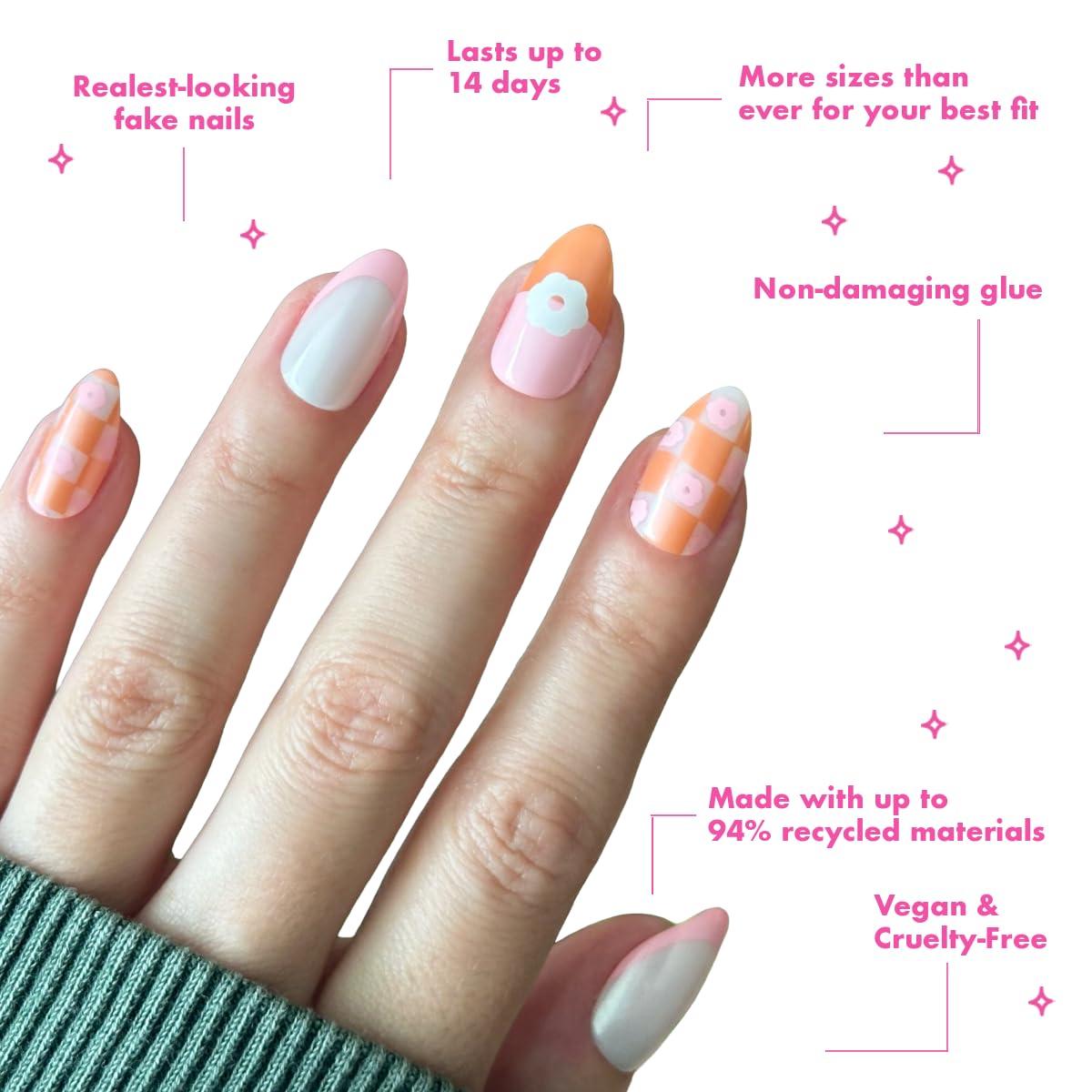 Olive & June Maximalist Instant Mani Press-On Nails (Glue) | 42 Fake Nails, 21 Sizes | Non-Toxic, Long-Lasting Big, Bold Gorgeous Realistic Look | Medium, Almond | Chrome Flower Mixed Pack