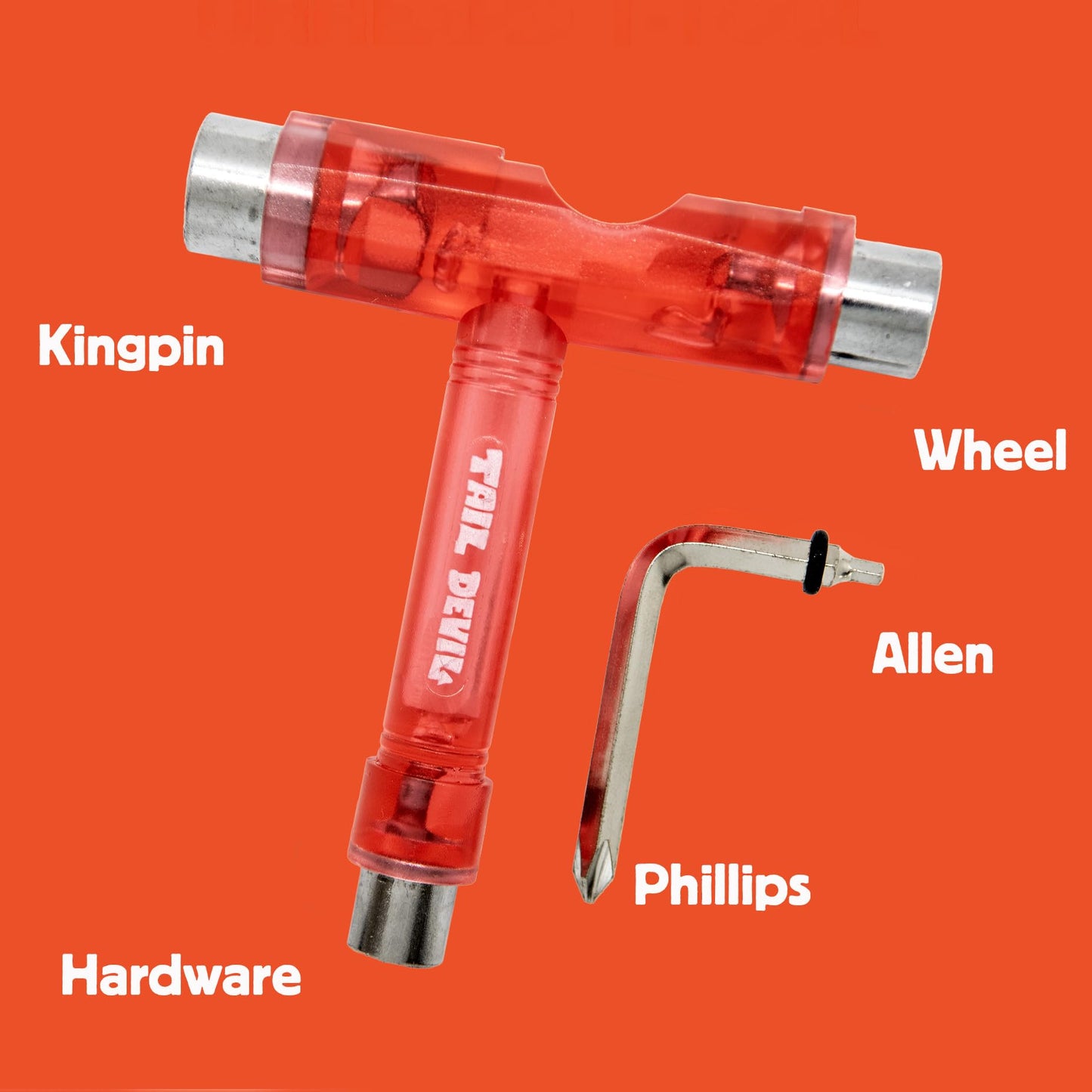 Tail Devil Skateboard Spark Plate & Universal Skateboard T-Tool Bundle | Translucent Red Complete Maintenance & Accessory Kit | Ultimate All-in-One Skateboarder’s Gift Set
