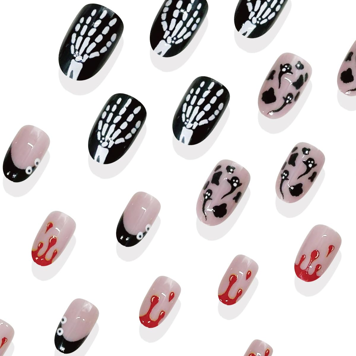 24Pcs Short Oval Press on Nails Halloween Almond French Tip Fake Nails with Blood & Ghost Halloween Skull Acrylic Stick on Nails Black Gradient False Nails for Women Girls