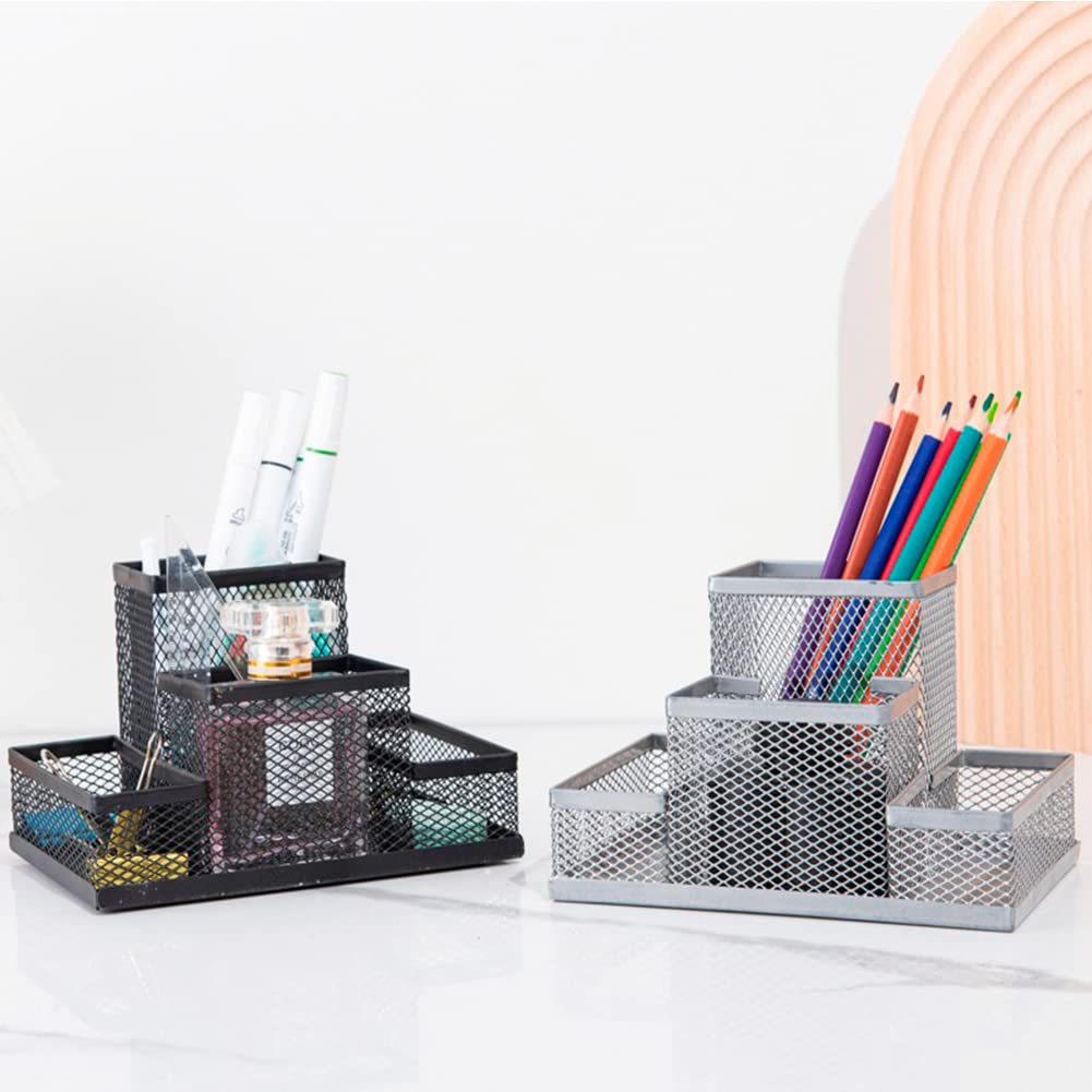 koofull Desk Organizer Desktop Mesh Pen Pencil Holder Caddy with 4 Compartments, Office Home School Classroom Accessories Cool Supplies