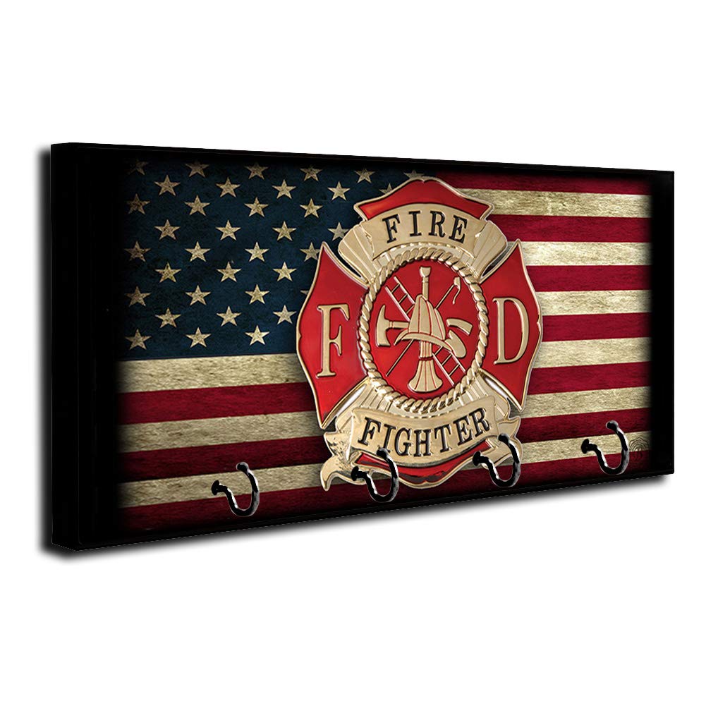 Brotherhood American Flag Firefighter Maltese Cross Center Design Key Holder Organizer Wall Mount Rack for Holders the Home Keys Ring Decorative Hangers Decor Hook Hanger