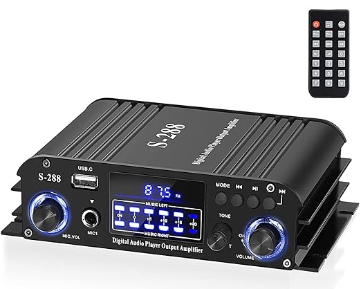 Facmogu S-288 4 CH Bluetooth 5.0 Home Audio Amplifier, RMS 45Wx4, Max 600W HiFi Stereo Power Amplifier USB, SD, FM Class D Speaker Amp for Home Theater Karaoke, with Power Adapter & Remote Control
