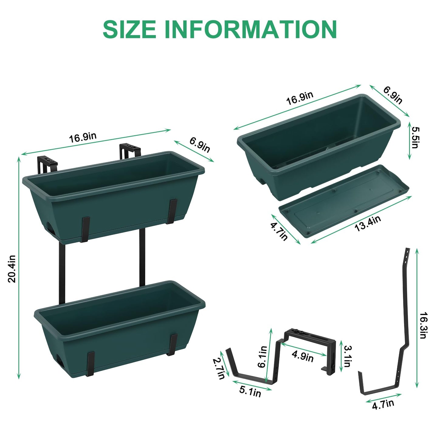 Deck Railing Planter Boxes 2 Tier Green Outdoor Hanging Planters Set of 2 with 4 Pack Flower Boxes 16.9 Inch Window Boxes Planters with Adjustable Brackets Balcony Planters for Garden Porch Patio