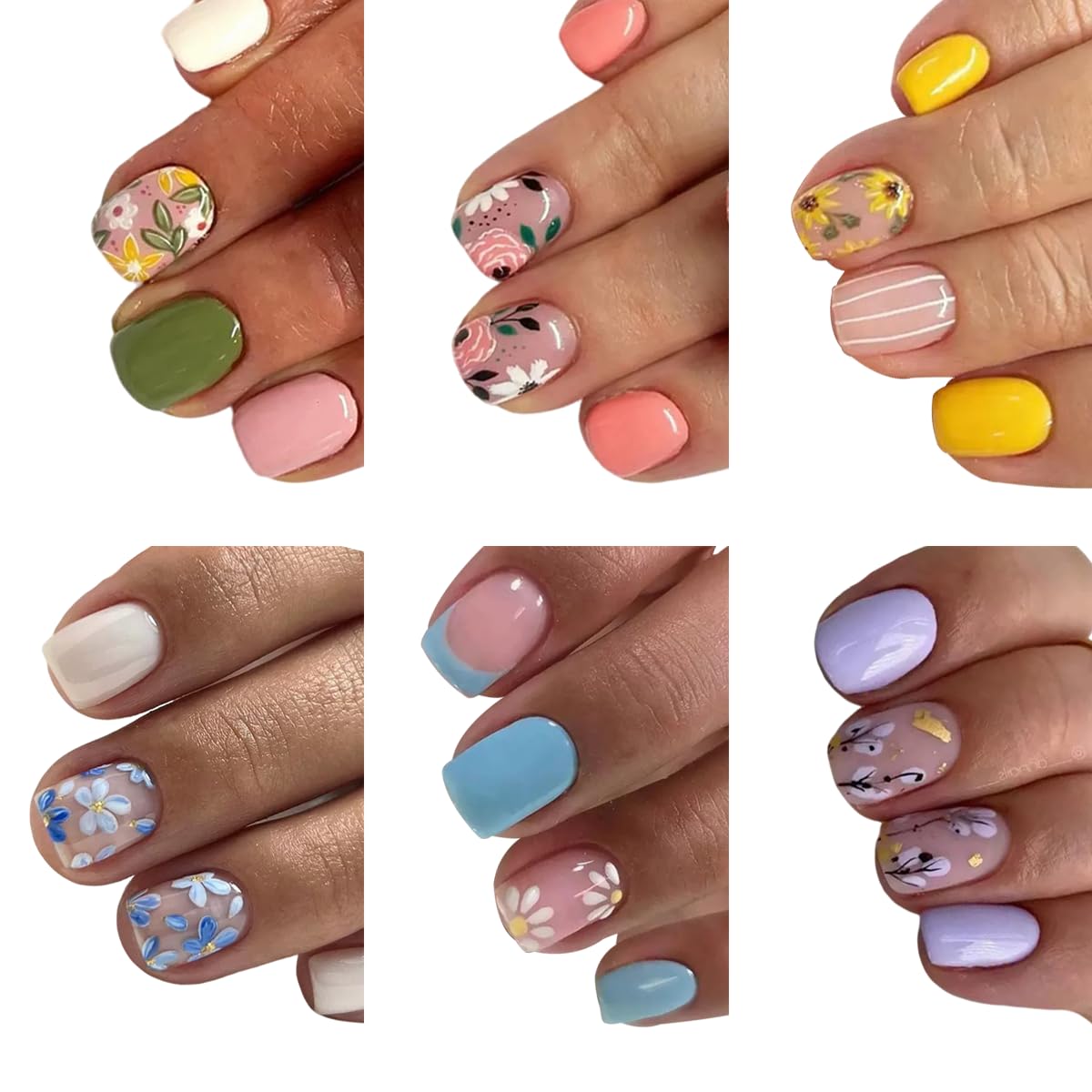 6 Packs (144 Pcs) Flower Press on Nails Short Square Fake Nails Cute Flower False Nails Spring Summer Floral Glue on Nails Full Cover Glossy Acrylic Stick on Nail for Women Manicure