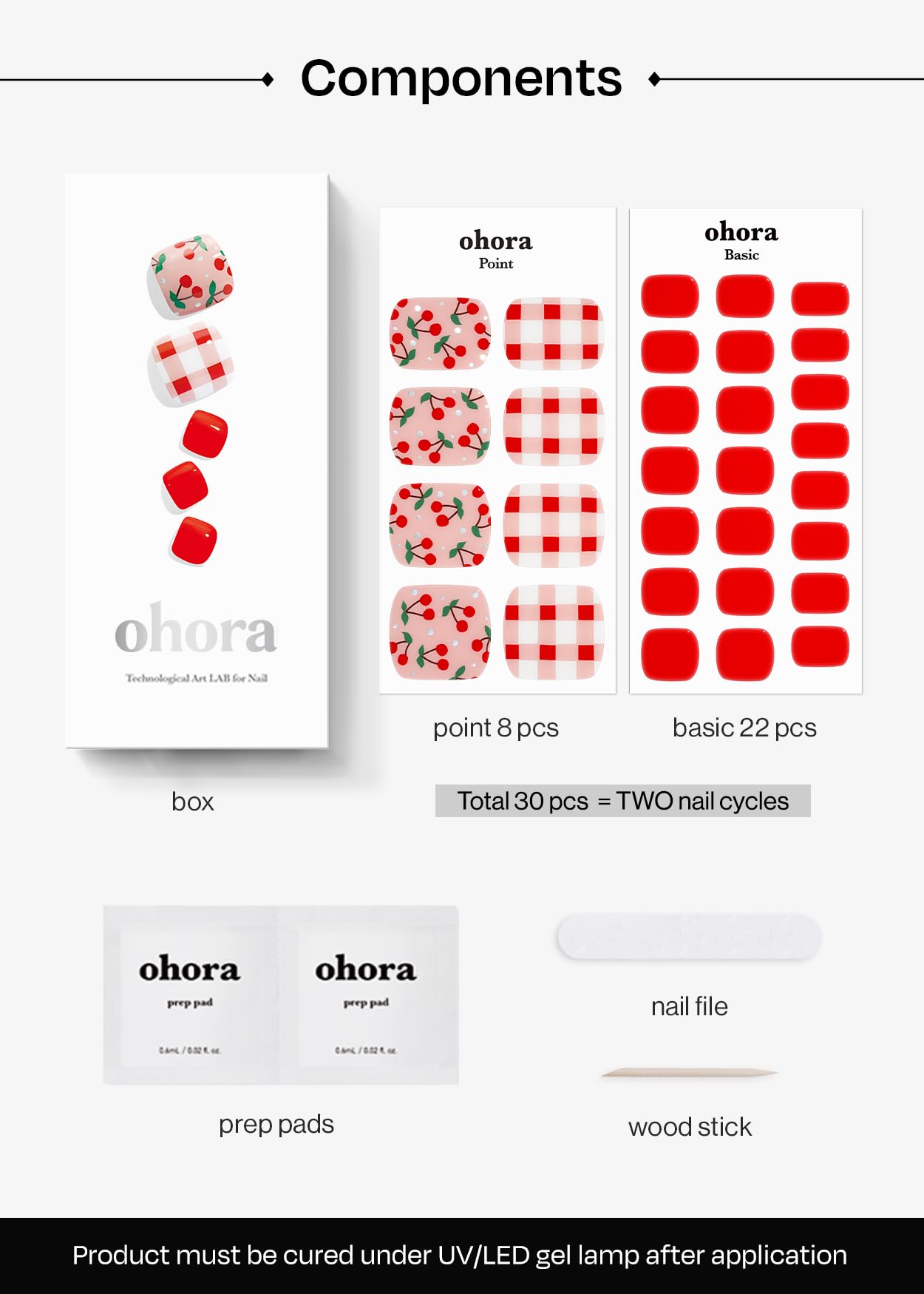 ohora Semi Cured Gel Pedi Strips (P Cherry Crush) - Works with Any Nail Lamps, Salon-Quality, Long Lasting, Easy to Apply & Remove - Includes 2 Prep Pads, Nail File & Wooden Stick